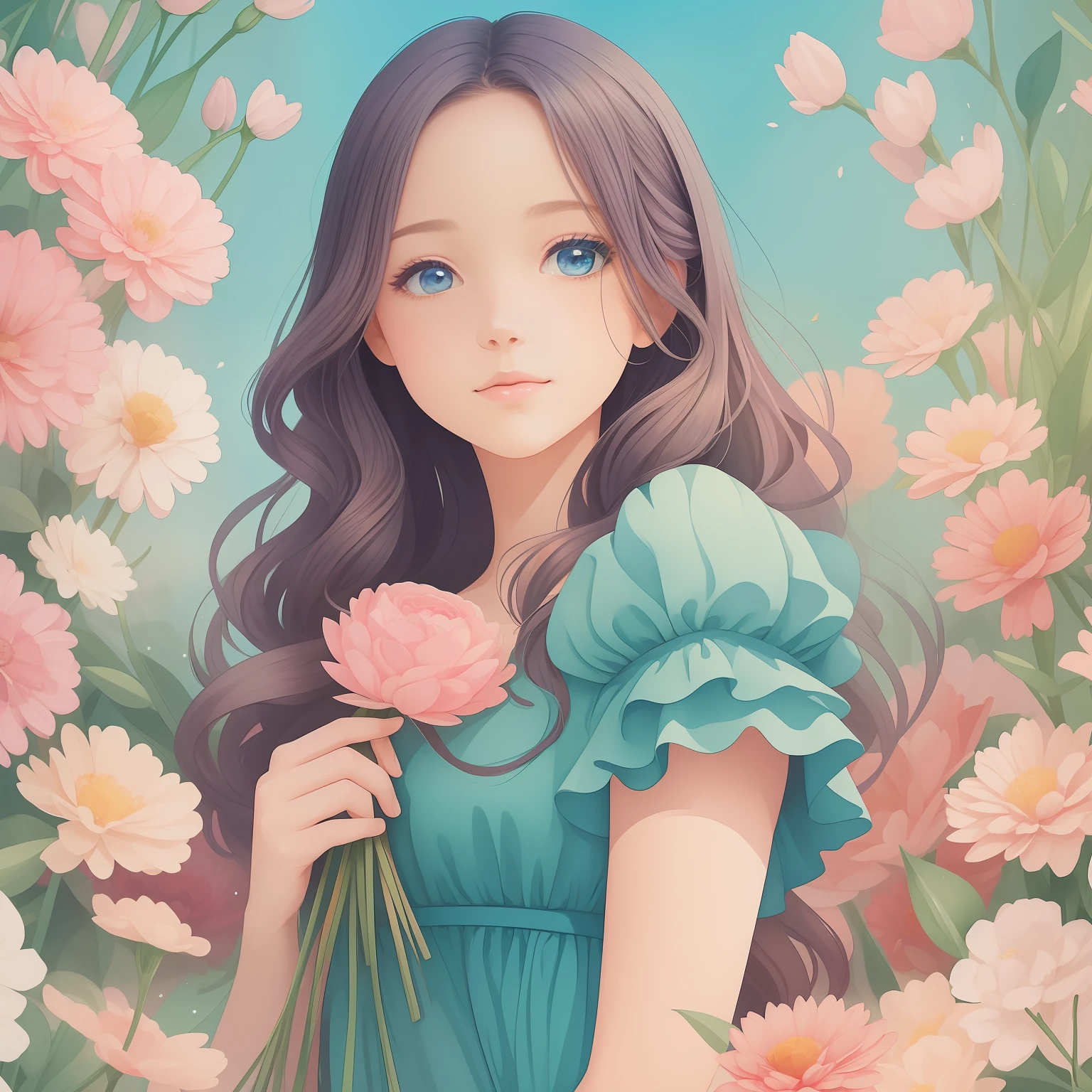 a girl in a blue dress holding a bouquet of flowers, com flores, trending on artstration, a beautiful artwork illustration, Belo estilo de arte, Estilo de desenho bonito, watercolor illustration style, com flores congeladas ao seu redor, menina nas flores, No Bowater Art Style, Soft anime illustration, beautiful illustration, Beautiful digital illustration, exquisite digital illustration, cute illustration