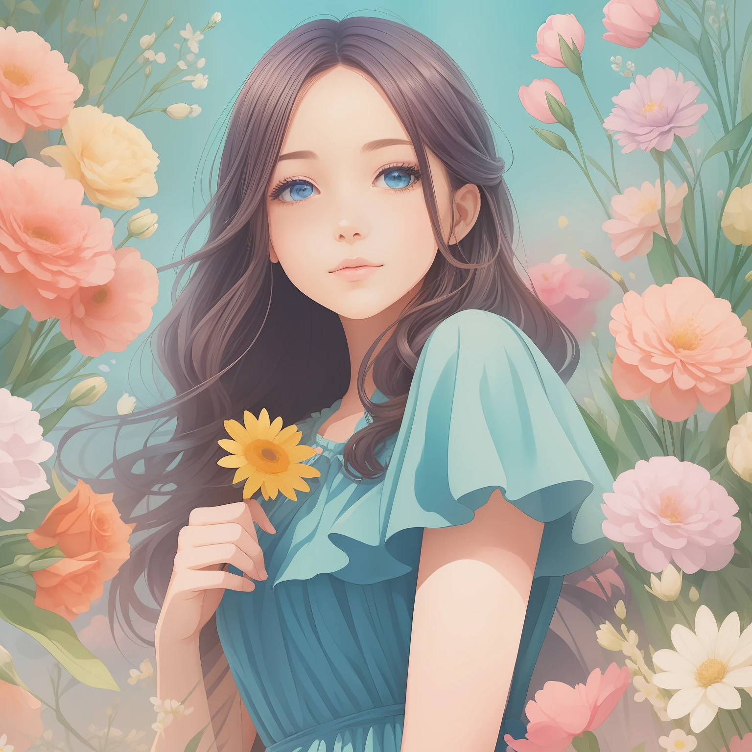 a girl in a blue dress holding a bouquet of flowers, com flores, trending on artstration, a beautiful artwork illustration, Belo estilo de arte, Estilo de desenho bonito, watercolor illustration style, com flores congeladas ao seu redor, menina nas flores, No Bowater Art Style, Soft anime illustration, beautiful illustration, Beautiful digital illustration, exquisite digital illustration, cute illustration