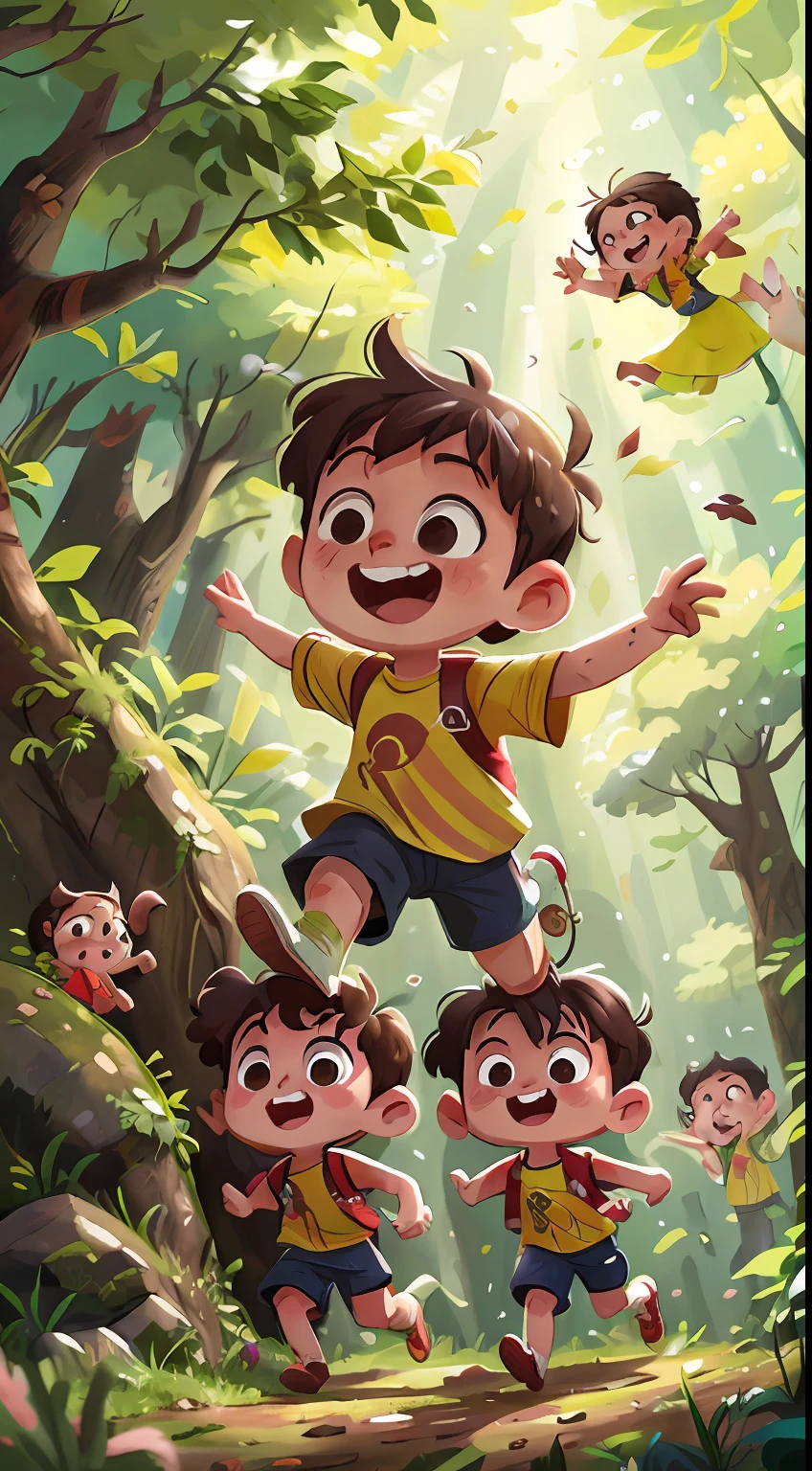 Laughing、4 children、A lot of boys、Forests rich in nature、Running around and playing、Climbing、Running around、Covered in mud、high-level image quality、hightquality、kawaii、group