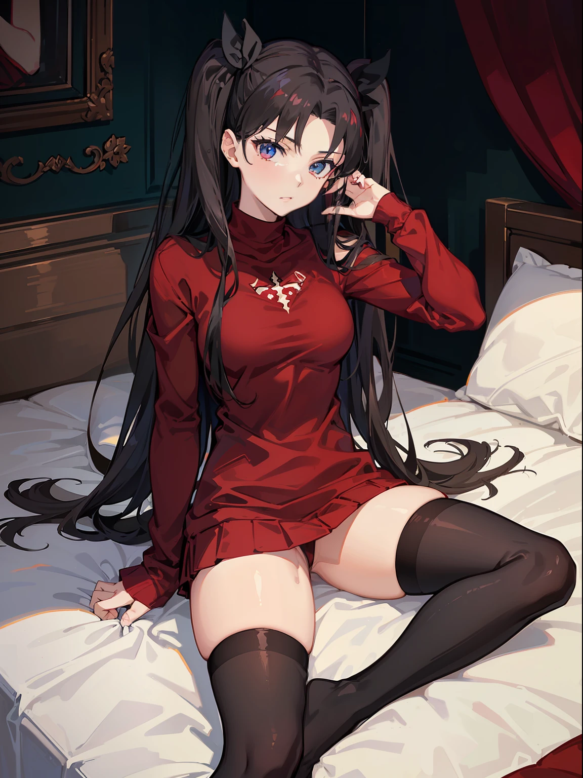 (best quality), [masterpiece], (rin tohsaka), sexy pose, breast, nudity, red sweater and black skirt, black thigh-highs, black twintails, blue eyes, on bed, white bed,hands on bed between thighs