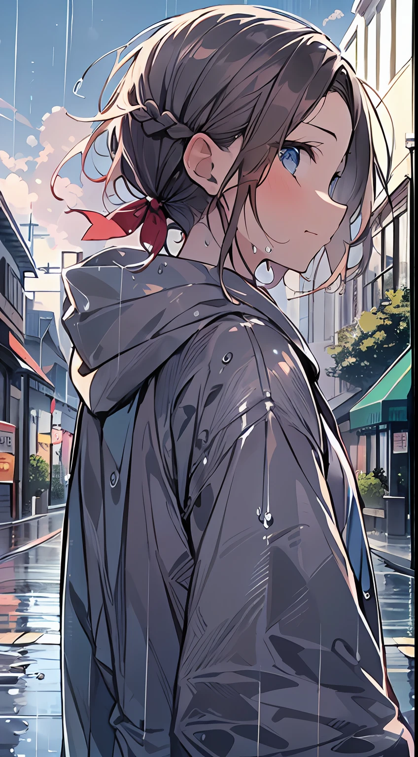 masutepiece, Best Quality,Illustration, Wallpaper, Ultra Detail, absurderes, 1girl in, Solo, (Medium short hair、short braided hair), Beautiful detailed eyes, rainfall、water dripping、wetting hair , Looking to the side, (Street:1.5), Cloudy sky、Bright scenery