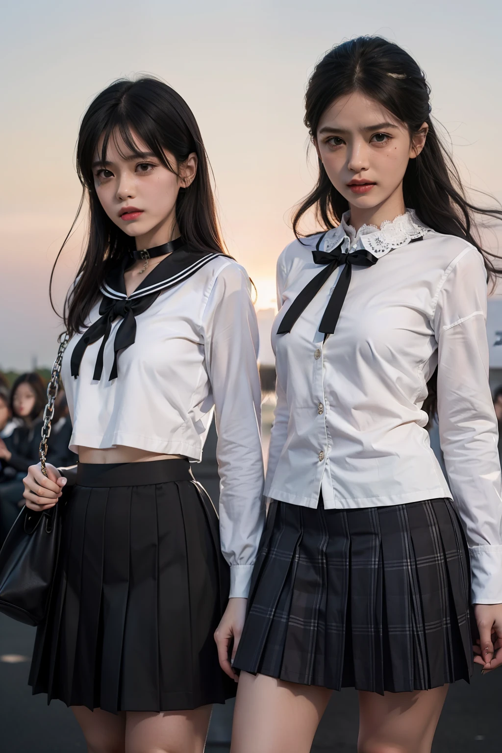 The highest quality shooting　　　　、White lace panties　、(((Two Women)))、　Thin rope、Tying up the body　、　(((Black collar))) 、　Skirt Roll Up　、　Two Women、White School Uniform、(((audience)))　、a sailor suit　、Dark blue pleated skirt　、Medium length pleated skirt　、student clothes　、　　Collar with a leash　、Cowboy Shot　　 、is crying　 　　、Portraits are prohibited　、blushed face　、　　　at the sunset　　、field day　、Cultural Festival　、Man's Festival　、An amusement park　　、(((audience)))　　、　A dark-haired　、Low angle full body photo　、Sad look、 Black hair, shining beautiful skin , Sweat, collar and chain accessories, beautiful black pupil and hair, Detailed expression　, beautidful eyes