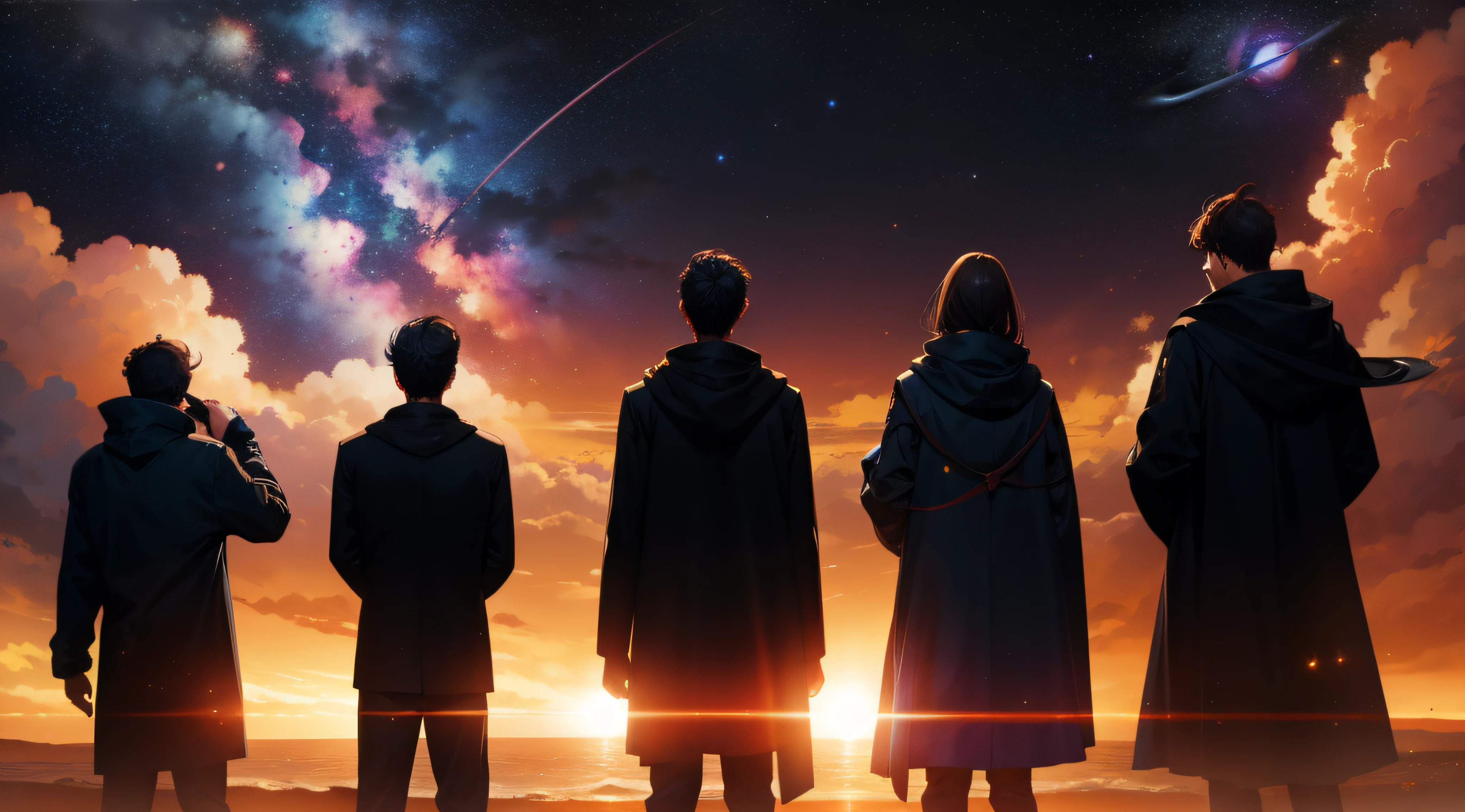 silhouettes of four adult looking at the galaxy with a lot of planets