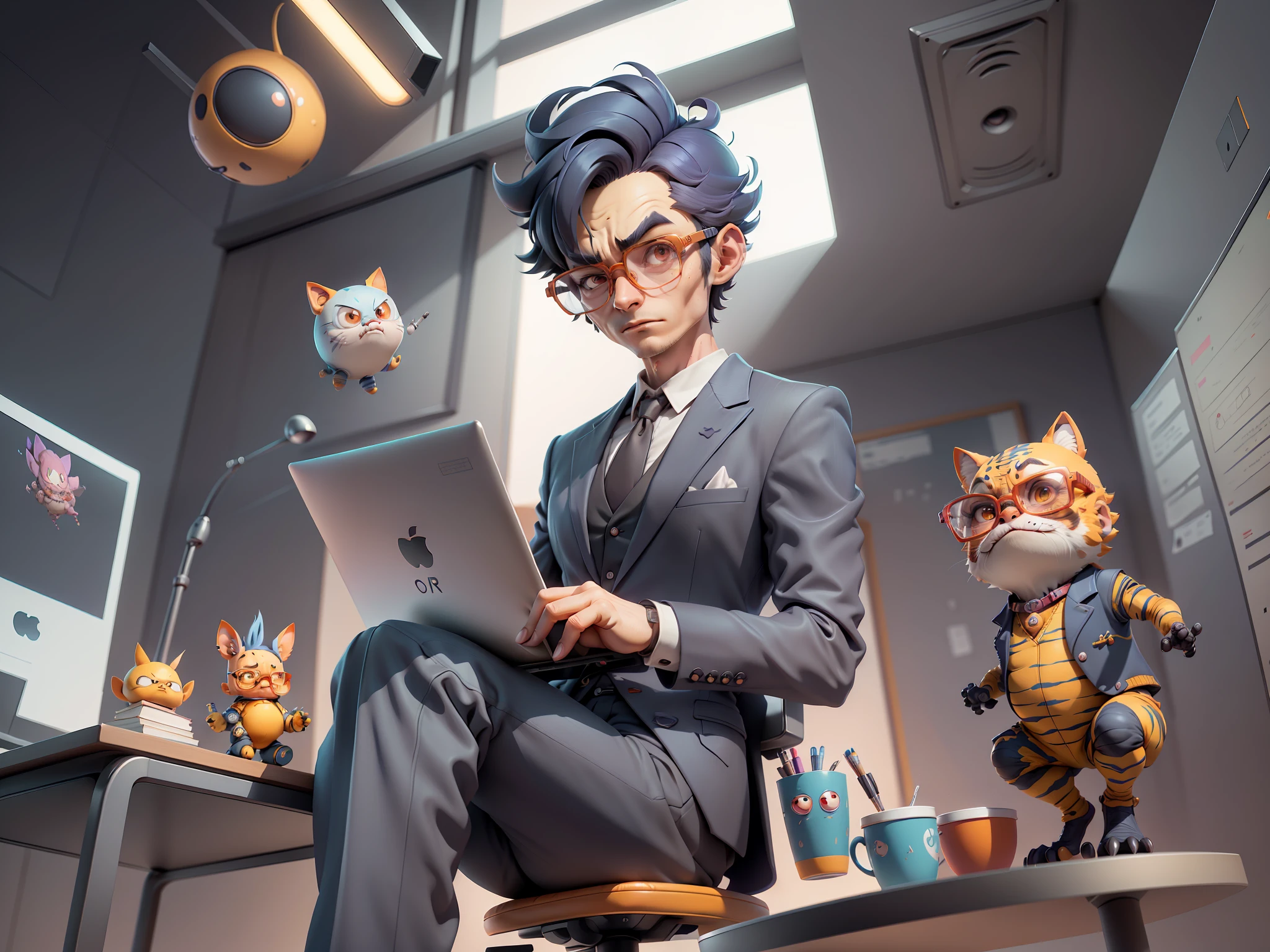 A young man in a suit and pants, Short hair and glasses sat at his desk,holding laptop,digitial painting,tigre,3D character design by Mark Clairen and Pixar and Hayao Miyazaki and Akira Toriyama,4K HD illustration,Very detailed facial features and cartoon-style visuals。