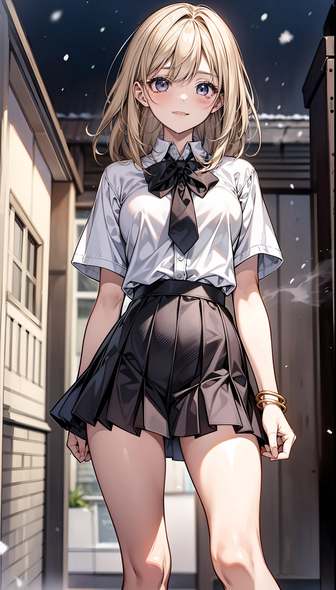 hi-school girl、Cool、White shirt、Black pleated skirt、woman 1,Snow City at Night、platinum-blonde-hair、A bracelet、Dramatic Writing、full-shot、Slender woman、high-school uniform、Cinematic lighting、beautiful countenance、A sexy、Gray eyes、model shot、Whole human body、full-shot、Short black socks、Khaki Leather Shoes、japanes、、Cool、I see underwear、Opened shirt、Sheer lingerie、Standing Pose、Hands fold behind your back、thick legs、a short skirt、Black tie、Cool、de pele branca、straight haired、drooing eyes、smil、red blush、Loose socks、snow blowing、Fantastical、Red muffler