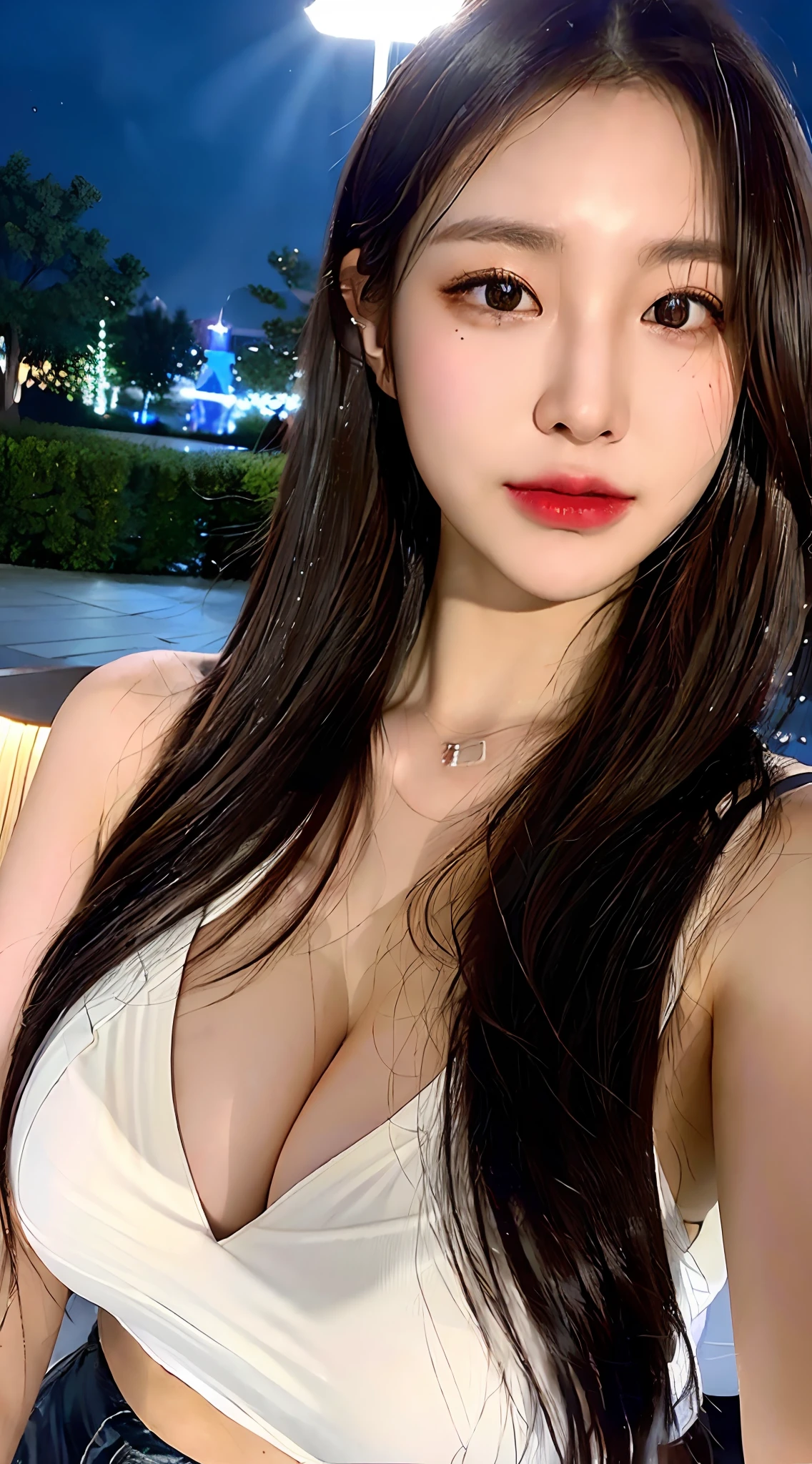 ((Realistic lighting, best qualtiy, 8K, tmasterpiece:1.3)), sharp fokus:1.2, 1girll, Beautiful Women with Perfect Figure:1.4, gigantic cleavage breasts：1.3，Slim abs:1.1, ((dark brown  hair)), (Crop tops:1.4）,（exteriors，during night：1.1），Park view，Ultra-fine face，Fine eyes，二重まぶた，Wet chest，