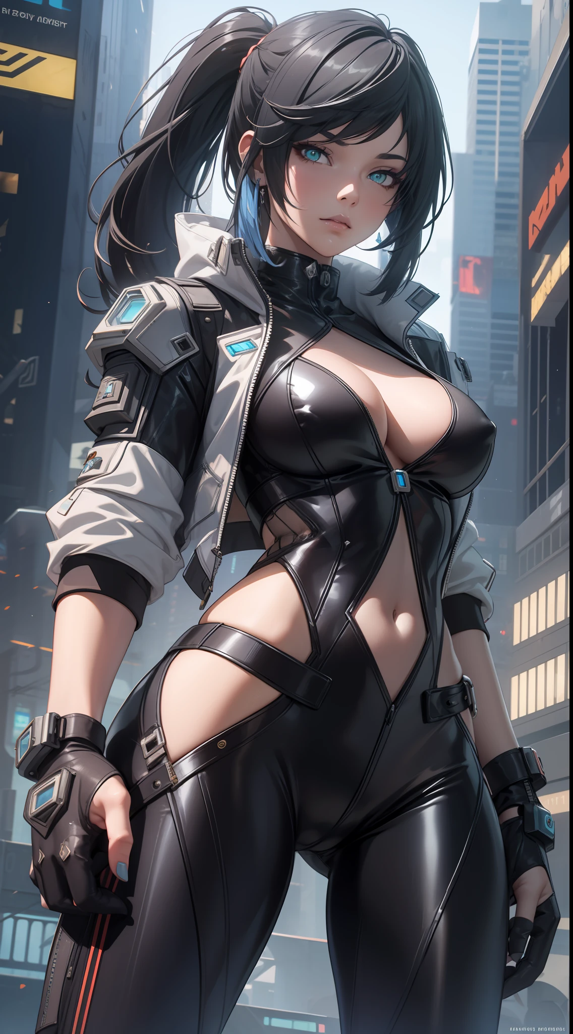 Futuristic, cyberpunk, Best quality, masterpiece, 16K, HDR, RTX, unreal engine 5, octane render, realistic, highly detailed, Beautiful, cool, edgy, model, tall girl in transparent plastic jacket, black pants, midriff, sexy, stylish, rich, elegant, cleavage, long pony tail, bangs, jewelry.