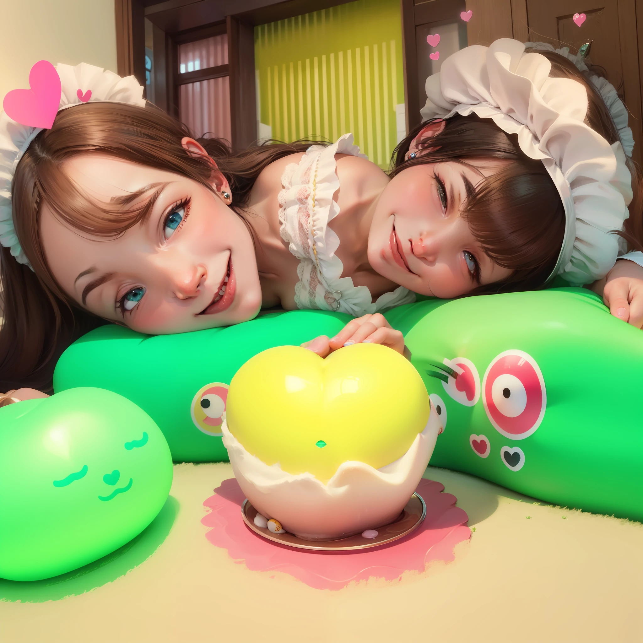 light brown hair, maid headdress, mouth mask, mole under mouth, mole under eye, heart-shaped pupils, rolling eyes, crazy eyes, aqua eyes, gradient eyes, earrings, light smile, evil smile, ear blush, seductive smile, smiley, full blush, heart in eye, heavy breathing, moaning, drooling, spit take, tsundere, torogao, ahegao, naughty, naughty face, endured face, glint, nose blush, excited, oral invitation, Realism, modern, UHD, 16k, best quality