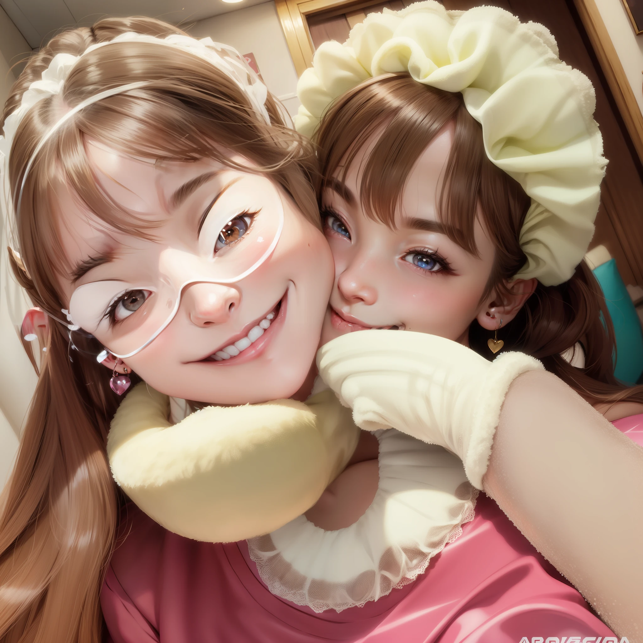 light brown hair, maid headdress, mouth mask, mole under mouth, mole under eye, heart-shaped pupils, rolling eyes, crazy eyes, aqua eyes, gradient eyes, earrings, light smile, evil smile, ear blush, seductive smile, smiley, full blush, heart in eye, heavy breathing, moaning, drooling, spit take, tsundere, torogao, ahegao, naughty, naughty face, endured face, glint, nose blush, excited, oral invitation, Realism, modern, UHD, 16k, best quality
