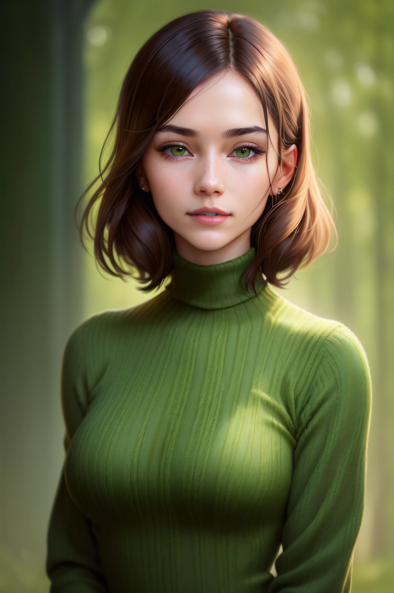 A stunning intricate full color portrait of a woman,wearing a green turtleneck, happy, epic character composition,by ilya kuvshinov,
alessio albi, nina masic,sharp focus, natural lighting, subsurface scattering, f2, 35mm, film grain, portait, closeup, very detailed skin texture,
(((blury background)))