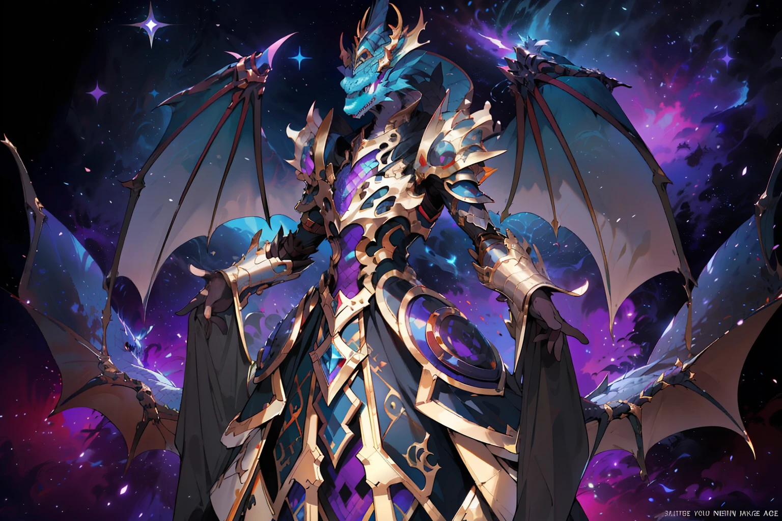 a close up of a person with a dragon like costume, shadowverse style, beautiful celestial mage, dragon knight, an epic majestical degen trader, draconic looking armor, epic fantasy art style hd, aurelion sol, detailed fantasy art, colossal dragon as background, dragon armor, clothed in ethereal battle armor, clothed in ethereal armor