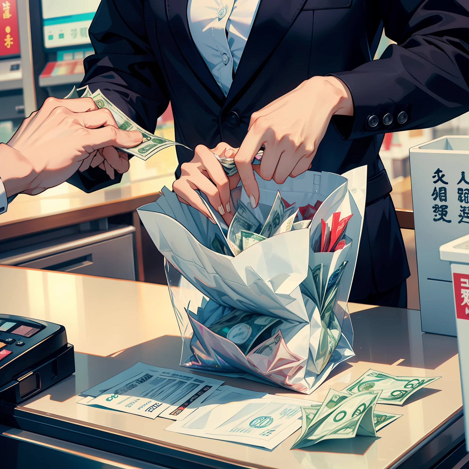 A plastic bag，It was filled with change，folding money，$5，10 yuan，20 RMB，glittery，At the bank counter，In the bank