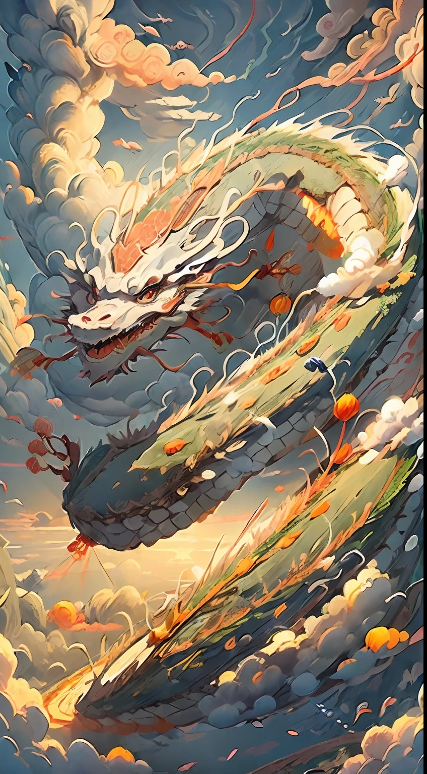 ((A dazzling Chinese dragon flew over the rolling white clouds in the sky:1.5)，（Under the dragon there is 1 ancient Chinese beauty:1.3), sun shining through clouds，Chinese Ancient Architecture，（tmasterpiece），（Best picture quality），（Very detailed and uniform picture），（Extremely detailed picture details），（8k wallpaper），（Chinese folk style painting），（light and shadow effect），（Obvious layering），（Tyndall effect），style of surrealism，（Expressive graphic style），（Visual impact），Ray