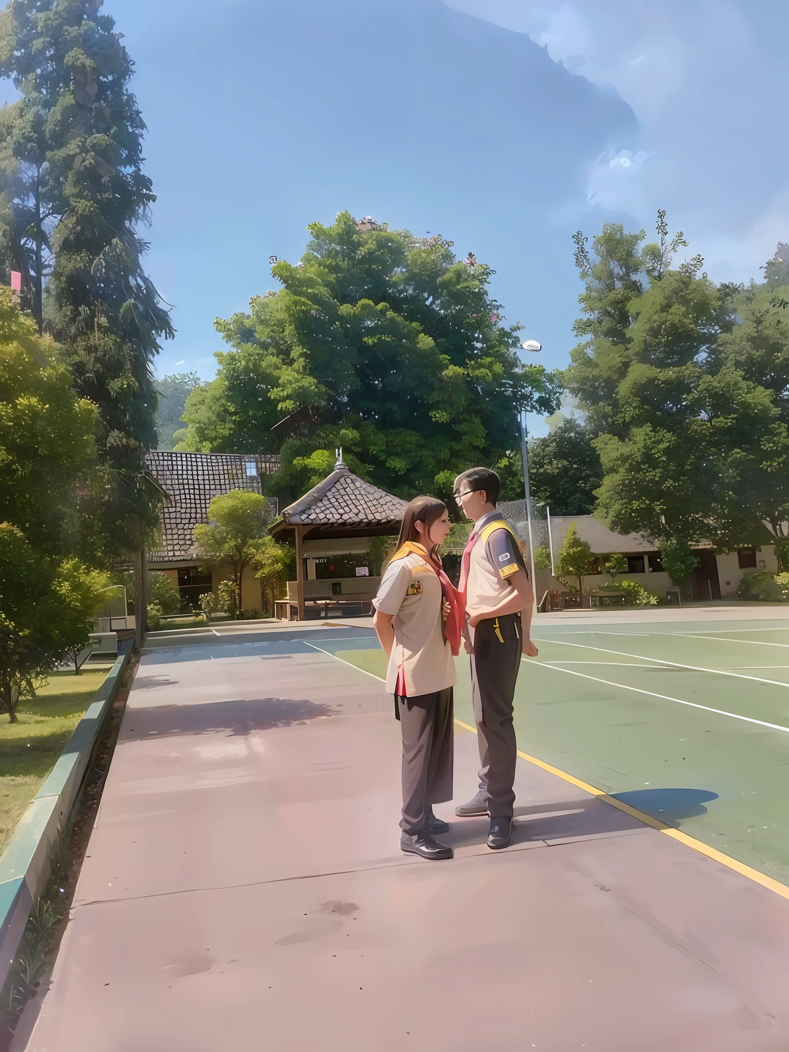 there are two people standing on a tennis court, wpol and sarasti, private moment, student, wearing headmistress uniform, protrait, couple, kuntilanak, in the background, in background, arsitektur nusantara, smooth in _ the background, shot with iphone 1 0, at day, during dawn, scout boy