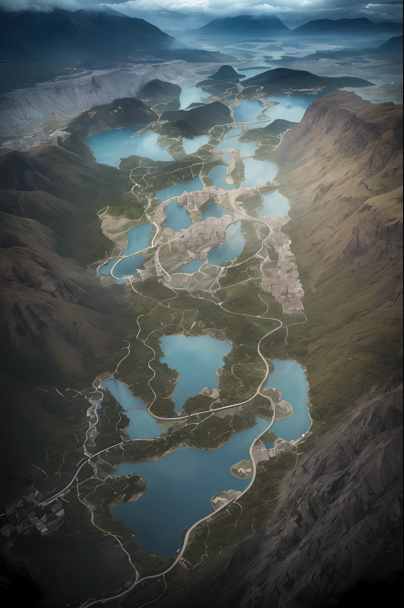 overlooks,mountain peaks,rios,Meandering,Clouds,(Complicated details),hdr,(Complicated details,hyperdetailed:1.2),Cinema lenses,Vignette,at centre