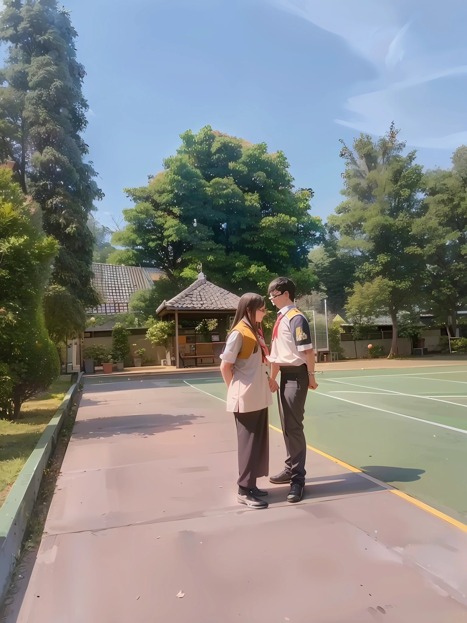 there are two people standing on a tennis court, wpol and sarasti, private moment, student, wearing headmistress uniform, protrait, couple, kuntilanak, in the background, in background, arsitektur nusantara, smooth in _ the background, shot with iphone 1 0, at day, during dawn, scout boy