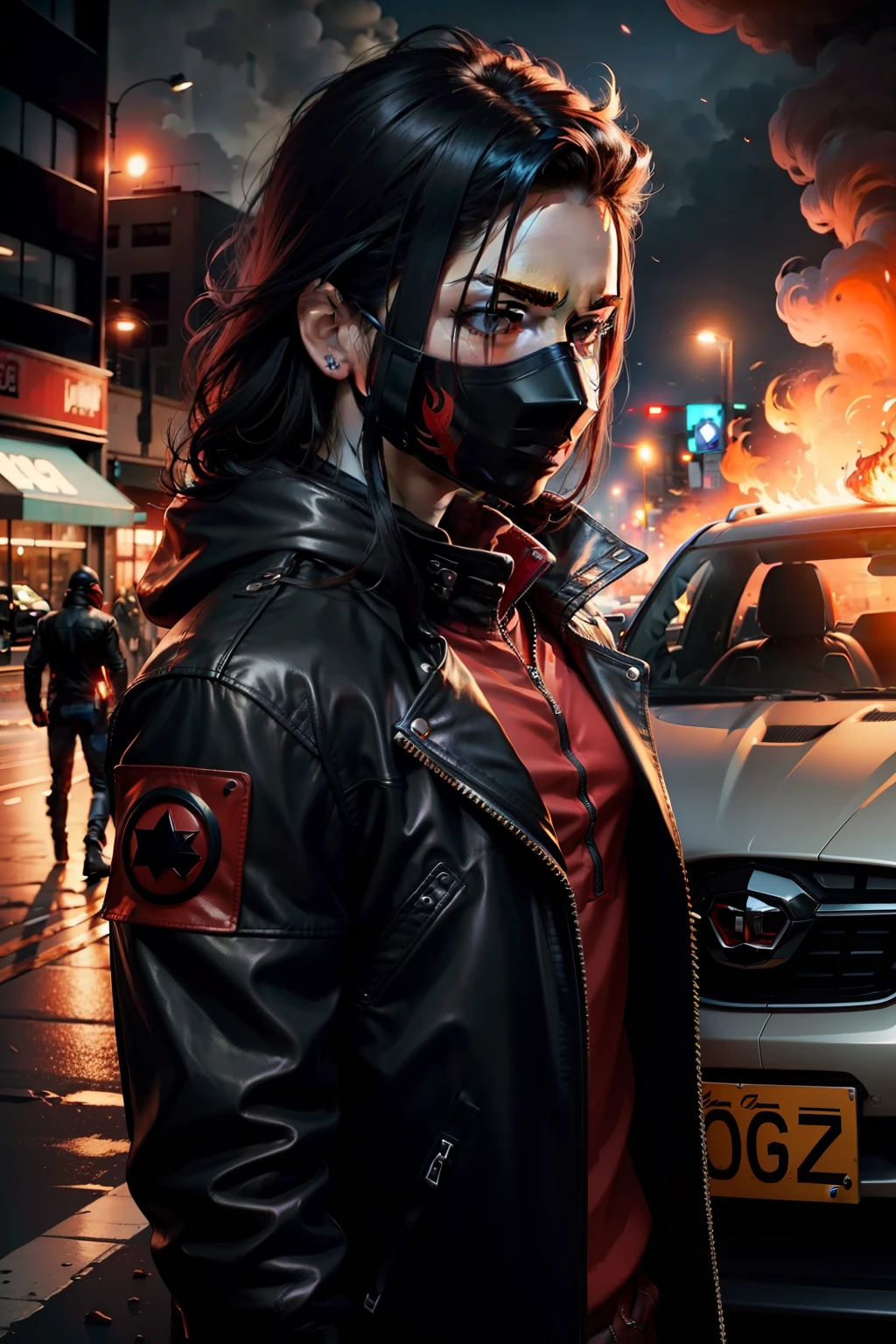 black leather jacket, Mysterious red mask all over the face, Deserted Night Street, A car burning with flames.