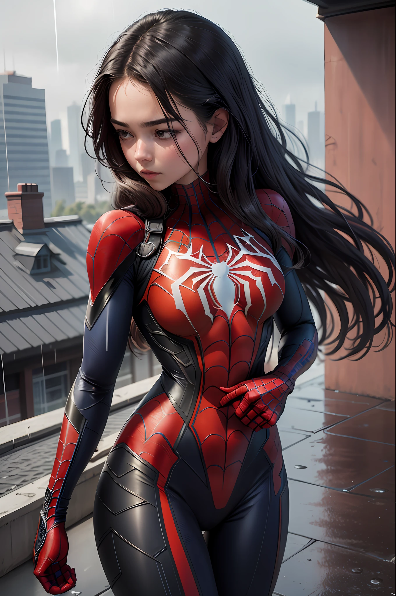 18 yo girl, spider man suit, long hair, rain, roof, masterpiece, intricate detail, perfect anatomy