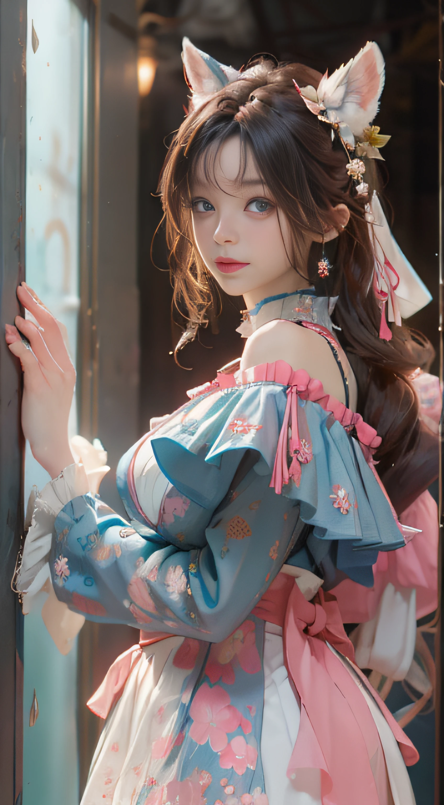 （（best qualtiy））， （（tmasterpiece））， （detail：1.4）， Beautiful cyberpunk female images，hdr（HighDynamicRange），Ray traching，NVIDIA RTX，Hyper-Resolution，illusory 5，sub surface scattering，PBR textures，post-proces，Anisotropy Filtering，depth of fields，maximum definition and sharpness，Many-Layer Textures，Albedo e mapas Speculares，Surface coloring，Mitsu-Accurate simulation of material interactions，perfectly proportioned，rendering by octane，Two-colored light，largeaperture，Low ISO，White balance，Rule three points、8K raw data、Beautiful bright blue pupils，off-the-shoulder clothes，Fine pupils，Delicate face and eyes，long eyelasher，Blushlush，Delicate and fluffy hair，pink lip，Pure，Cute face，Sweet girl，Artistic sense，Casual wear，Advancedsense，butterflys，Cherry blossom petal，Beautiful hair accessories，Long hair and waist，Hair fluttering in the wind，Snow-white fox ears，curlies，Snow-white fluffy tail，Positive light，The light from the back window is backlighted