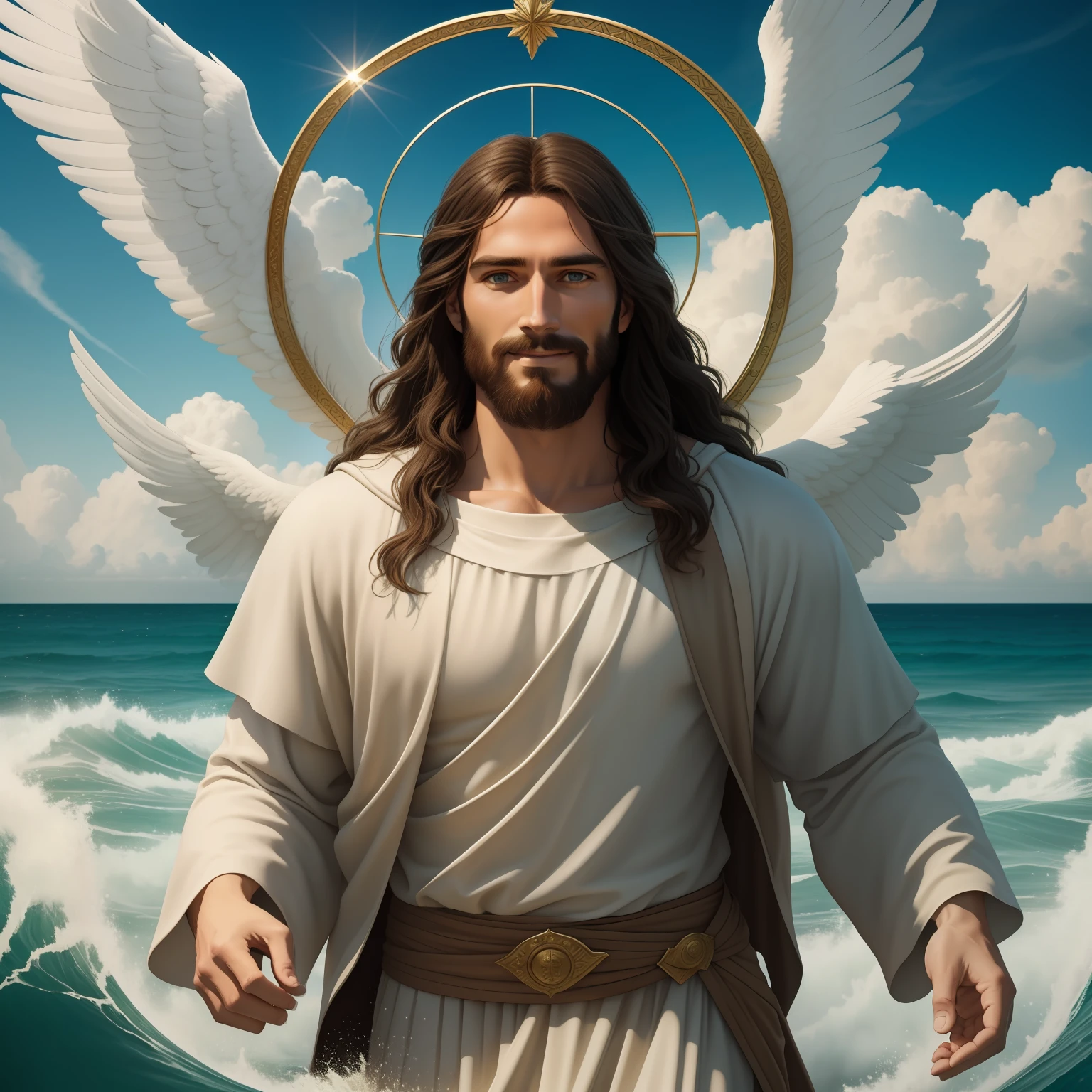Real Jesus flying on sky with a flying cloud in the background, Jesus walking on water, biblical illustration, epic biblical representation, forcing him to flee, coming out of the ocean, ! holding in hand!, disembarking, god of the ocean, beautiful representation, 8k 3D Model, realistic,
a 3D Realistic of jesus with a halo in the sky, jesus christ, smiling in heaven, portrait of jesus christ, jesus face, 35 young almighty god, portrait of a heavenly god, greg olsen, gigachad jesus, jesus of nazareth, jesus, the face of god, god looking at me, he is greeting you warmly, he is happy, avatar image