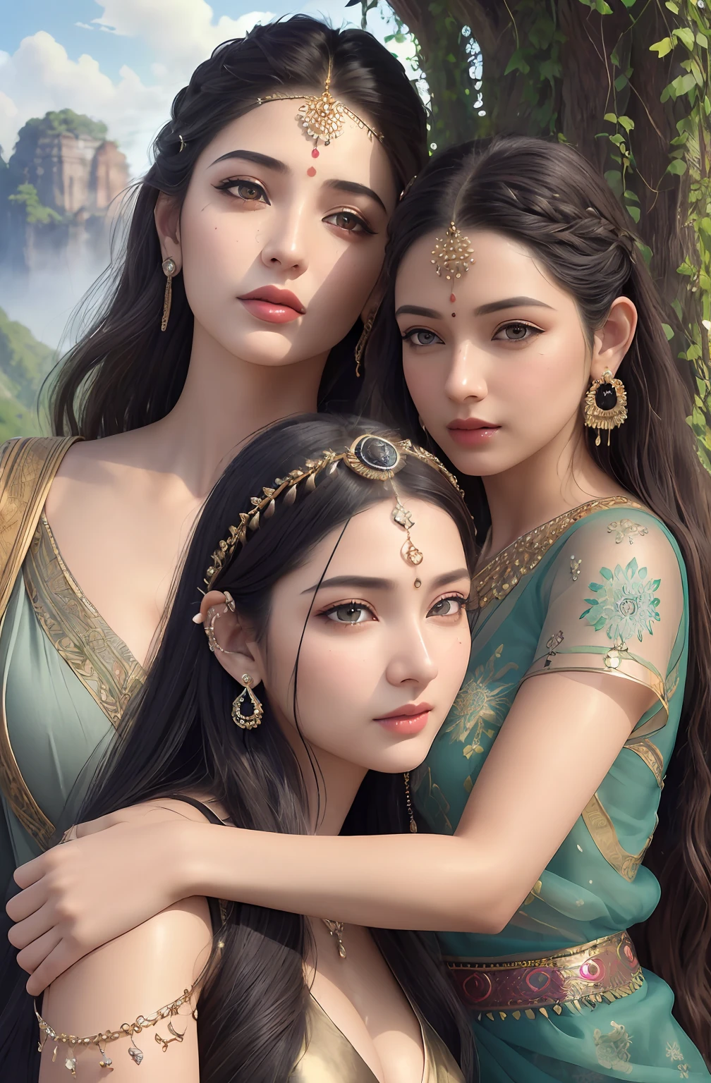 ((realistic:1.5)),((best quality)), ((masterpiece)),((detailed)),2girls,duo,{2 beautiful female}, (upper body:1.3),hugging and touching each other, teasing her friend's waist, gasping friend, biting her friend's ear lobe, squatting,super-wide-angle lens,face focus,long legs,curvy, barefoot, medium breasts, open cleavage,long black hair,floting hair,long eyelashes, (detailed face,beautiful eye, detailed pupilss,detailed clothes features, clear background:1.3), (Bindi,Jhumkas:1.3),mysterious ancient ruin, lush forests, deep canyons,bridge,river,cliff,cloud,lakes,rock,waterfalls, flowers, grass,vine,tree,bright details,sharp,perfect composistion, Intricate, Sharp focus, dramatic,