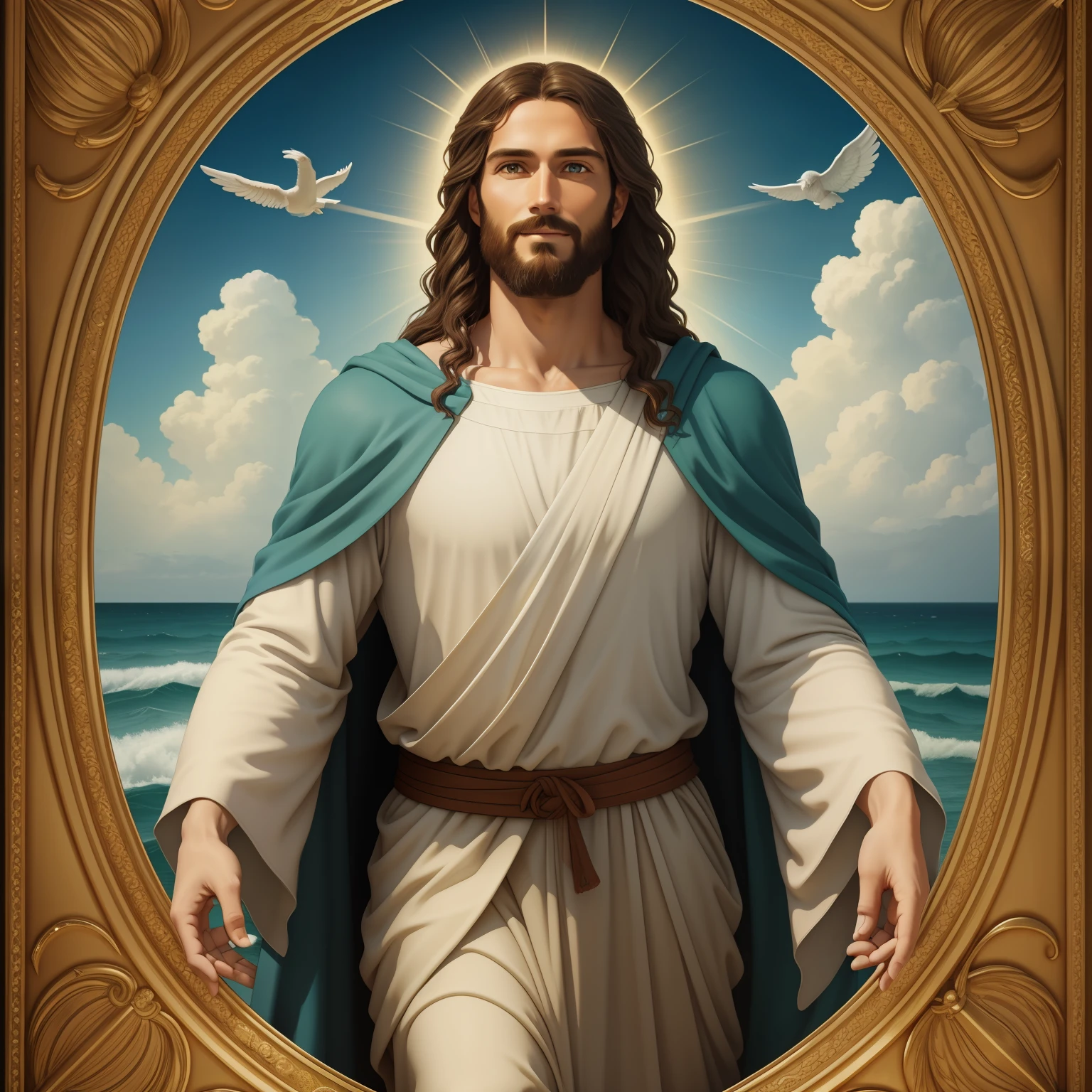 Real Jesus flying on sky with a flying cloud in the background, Jesus walking on water, biblical illustration, epic biblical representation, forcing him to flee, coming out of the ocean, ! holding in hand!, disembarking, god of the ocean, beautiful representation, 8k 3D Model, realistic,
a 3D Realistic of jesus with a halo in the sky, jesus christ, smiling in heaven, portrait of jesus christ, jesus face, 35 young almighty god, portrait of a heavenly god, greg olsen, gigachad jesus, jesus of nazareth, jesus, the face of god, god looking at me, he is greeting you warmly, he is happy, avatar image