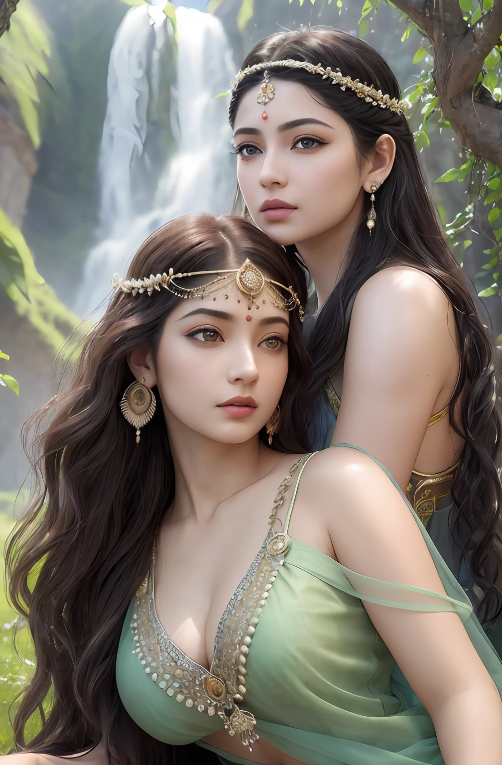 ((realistic:1.5)),((best quality)), ((masterpiece)),((detailed)),2girls,duo,{2 beautiful female}, (upper body:1.3),hugging and touching each other, teasing her friend's waist, gasping friend, biting her friend's ear lobe, squatting,super-wide-angle lens,face focus,long legs,curvy, barefoot, medium breasts, open cleavage,long black hair,floting hair,long eyelashes, (detailed face,beautiful eye, detailed pupilss,detailed clothes features, clear background:1.3), (Bindi,Jhumkas:1.3),mysterious ancient ruin, lush forests, deep canyons,bridge,river,cliff,cloud,lakes,rock,waterfalls, flowers, grass,vine,tree,bright details,sharp,perfect composistion, Intricate, Sharp focus, dramatic,