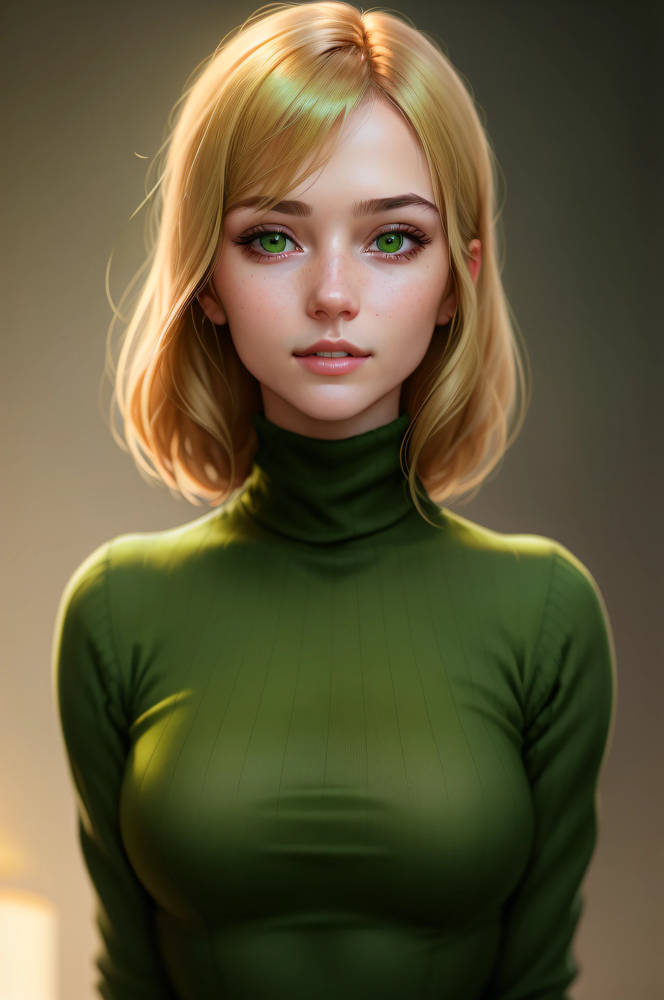 A stunning intricate full color portrait of a woman,wearing a green turtleneck, happy, epic character composition,by ilya kuvshinov,
alessio albi, nina masic,sharp focus, natural lighting, subsurface scattering, f2, 35mm, film grain, portait, closeup, very detailed skin texture,
(((blury background)))