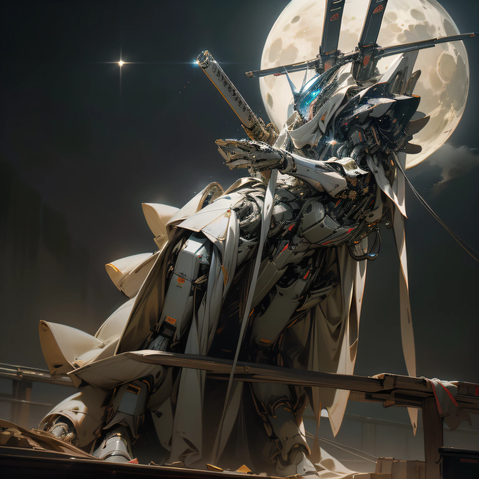 (RAW photo, best quality), (realistic, photo-realistic:1.3), (moon, earth background:1.2), stars, heavy armor, sithu-mecha, Extremely aggressive, Amazing, finely detail, masterpiece, ultra-detailed, highres,best illustration, best shadow,intricate,depth of field,(dramatic lighting:1.4),(from below:1.2),sharp focus, volumetric fog, 8k UHD, DSLR, high quality,( film grain:1.4), Fujifilm XT3,full body, a mecha with white and blue armor,(no human:1.2), ((1 robot,Mechanical costalis,Mechanical spine))),full body , facing front, fighting stance (Cable:1.2),(Transmission tube:1.2),(Machine eye:1.3),((Mechanical part connection)),((both arms)|(complex mechanical component:1.2~1.6)),((costalis)|(robot joints:1.2~1.6)), huge mecha,(japanese katana) (weapons, missiles)