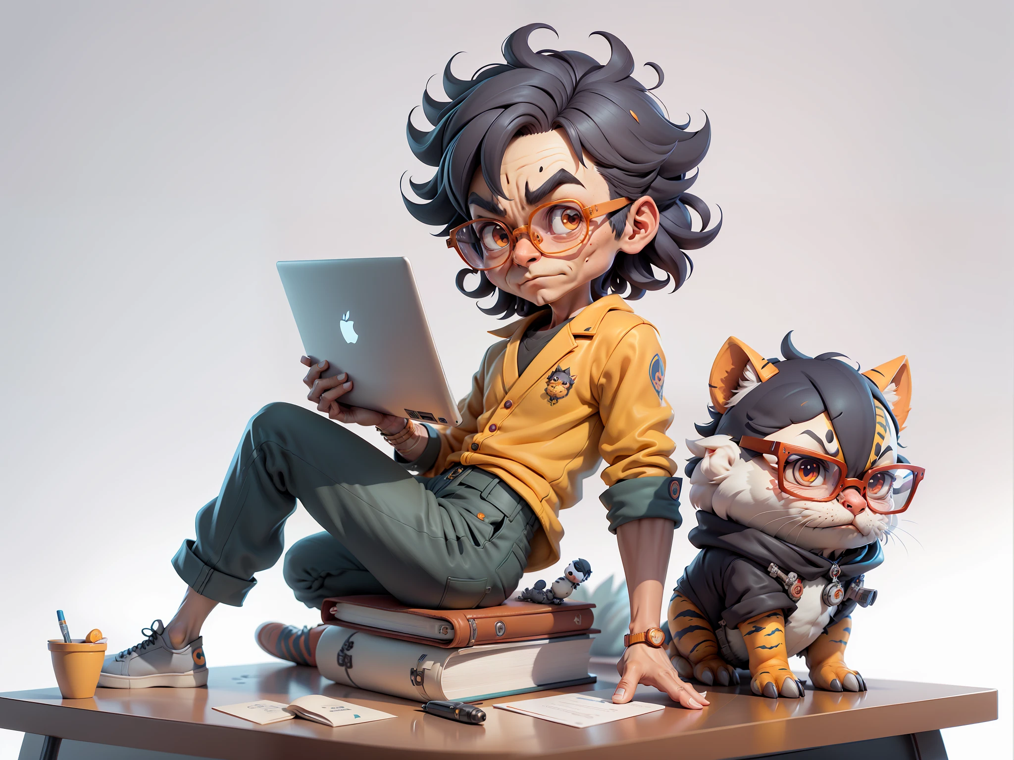 A young man in a suit and pants, Short hair and glasses sat at his desk,holding laptop,digitial painting,tigre,3D character design by Mark Clairen and Pixar and Hayao Miyazaki and Akira Toriyama,4K HD illustration,Very detailed facial features and cartoon-style visuals。