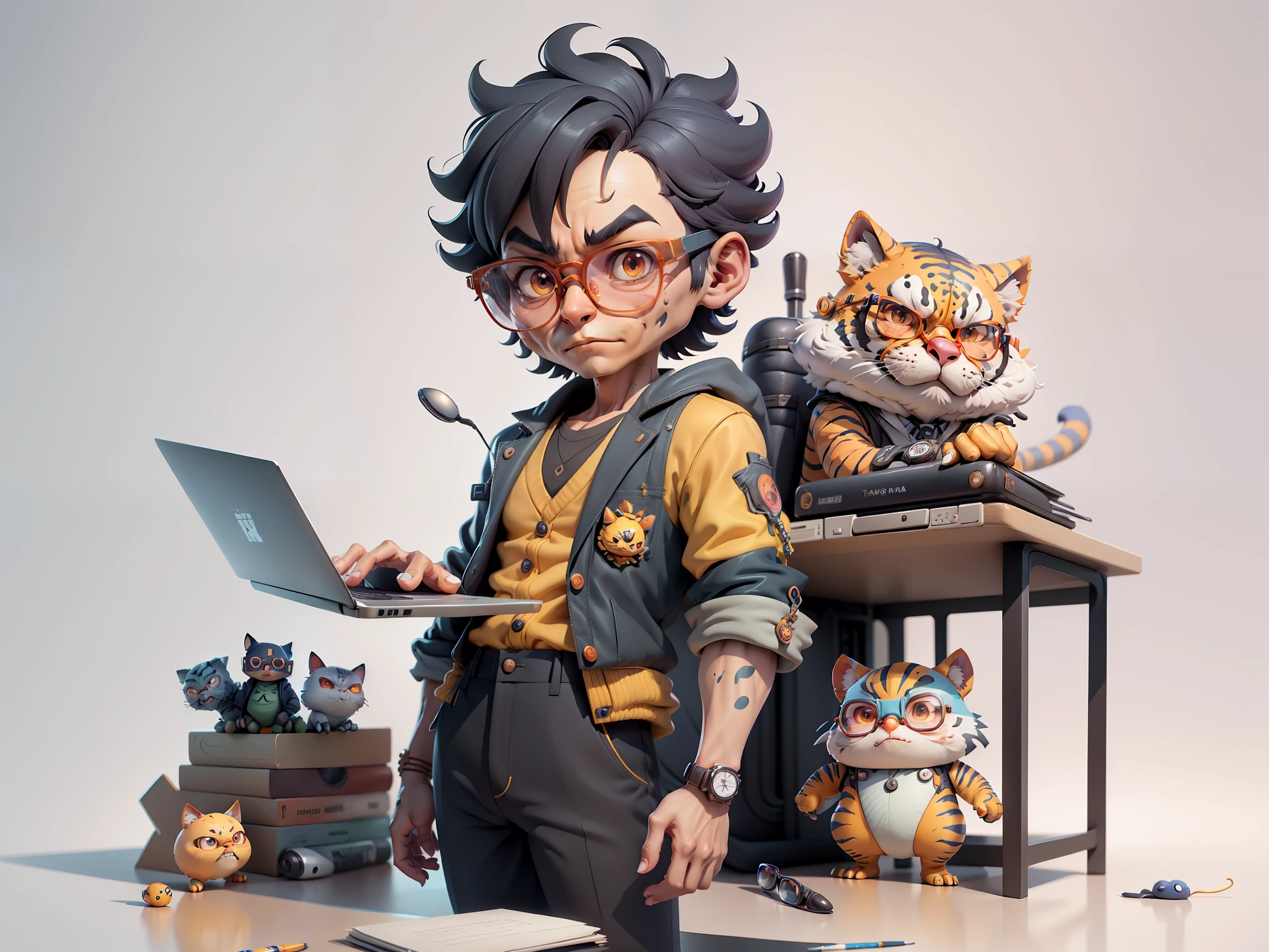 A young man in a suit and pants, Short hair and glasses sat at his desk,holding laptop,digitial painting,tigre,3D character design by Mark Clairen and Pixar and Hayao Miyazaki and Akira Toriyama,4K HD illustration,Very detailed facial features and cartoon-style visuals。