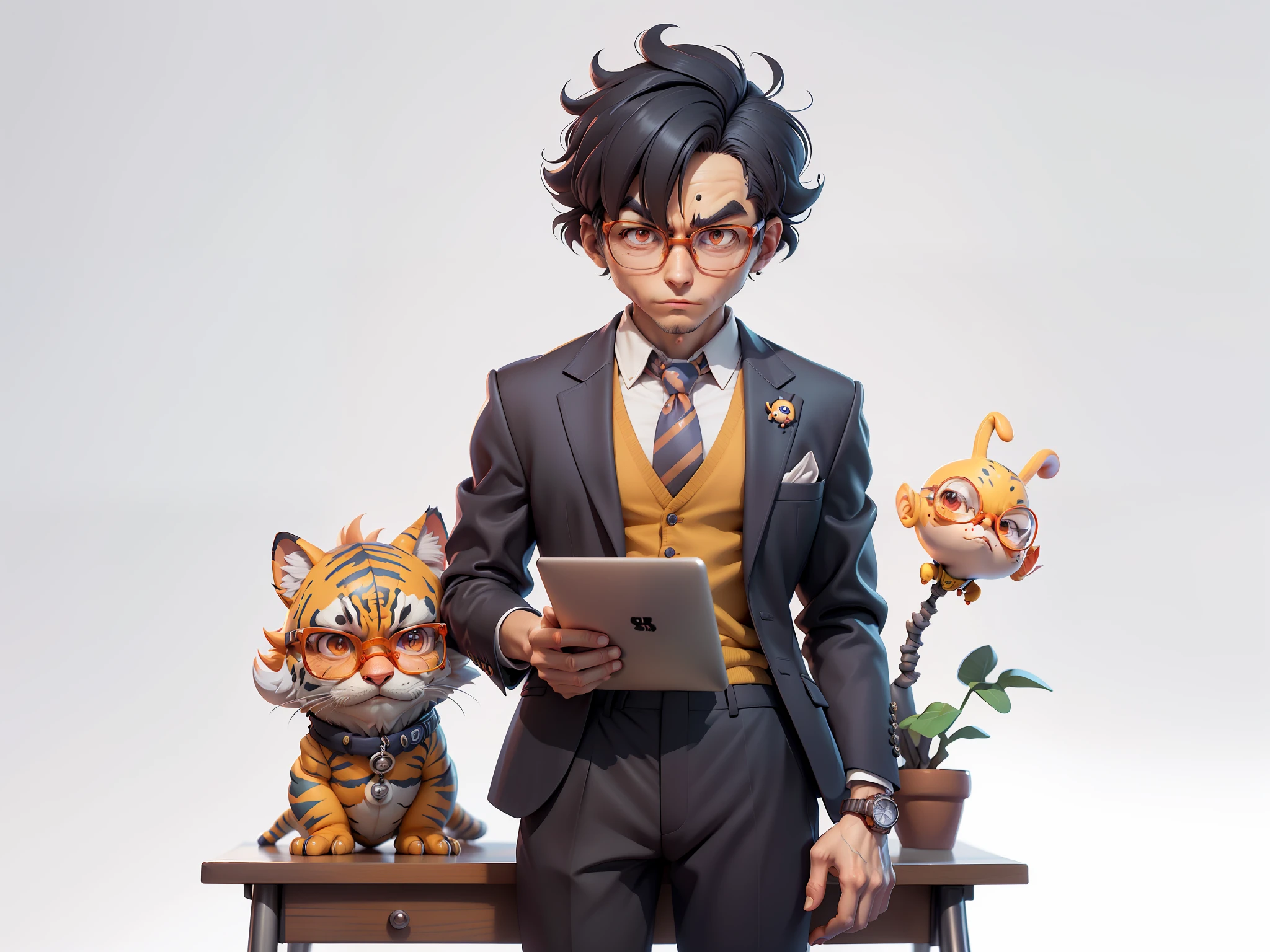 A young man in a suit and pants, Short hair and glasses sat at his desk,holding laptop,digitial painting,tigre,3D character design by Mark Clairen and Pixar and Hayao Miyazaki and Akira Toriyama,4K HD illustration,Very detailed facial features and cartoon-style visuals。