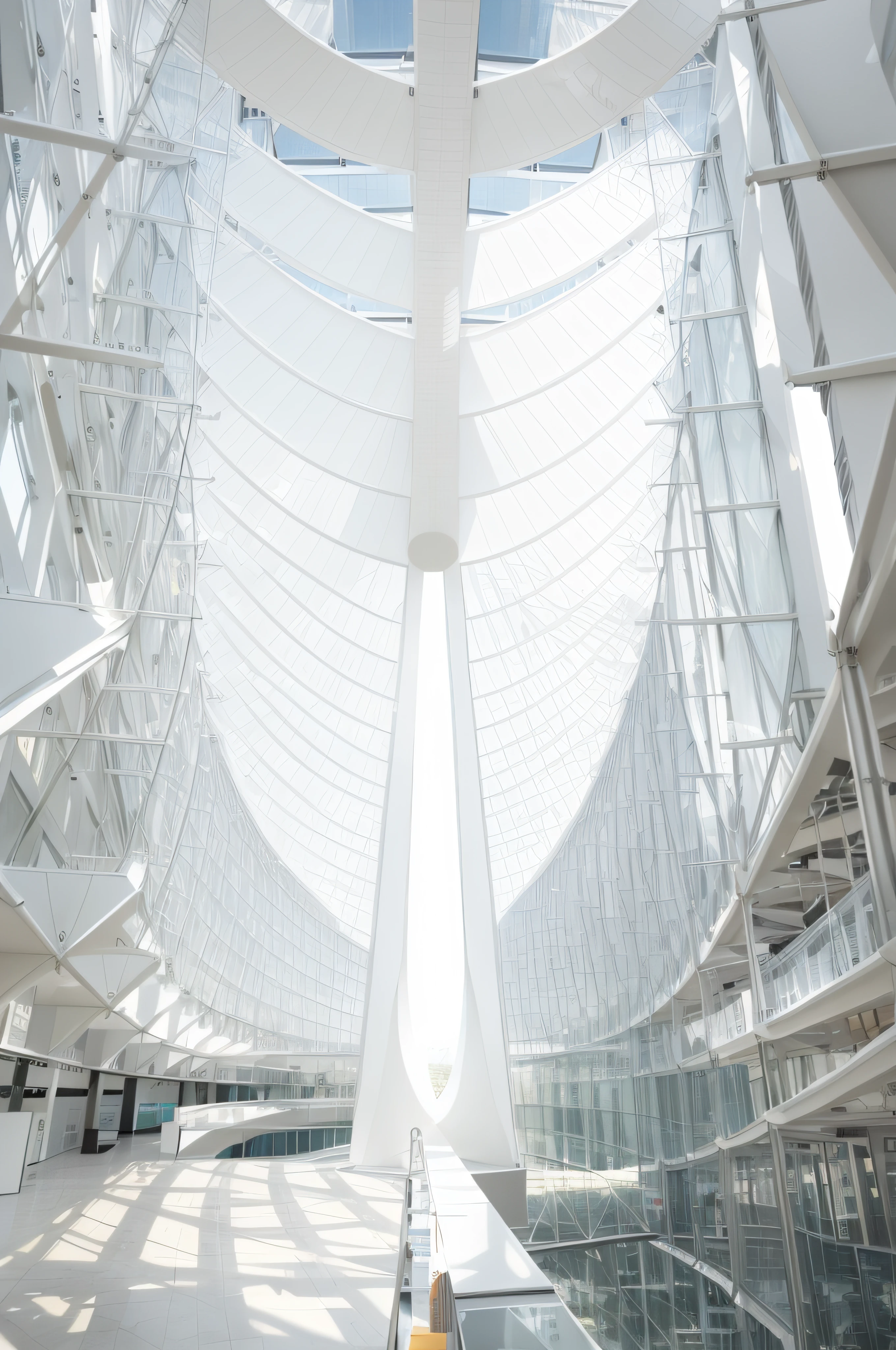 Alafed ceiling with large white structure and glass staircase, Calatrava, huge glass structure, Santiago Calatrava, View Up, arhitectural shot, Large glass ceiling, View from below, architectural photography, In the style of Norman Foster, 3/4 View from below, View from bottom to top, high ceilings, architectural photography, on a futuristic shopping mall