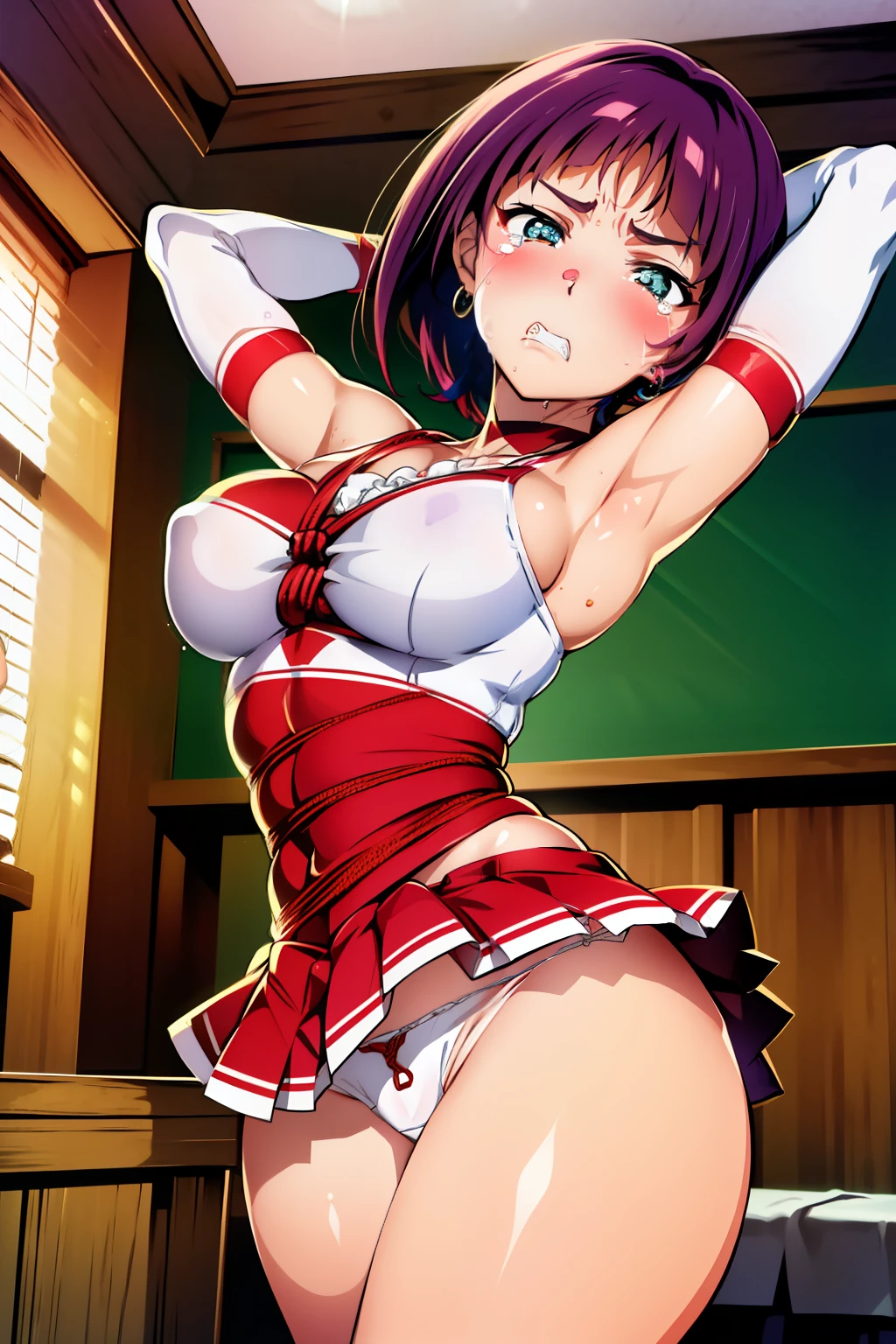 NMM1, NEKOMUSUME, NEKOMUSUME \(GEGEGE NO KITAROU 6\),cel anime,official art, (from very below,ceiling:1.3),(cowboy shot:1.2),(day), classroom, (cute cheerleader uniform costume,cute super short box_pleated_miniskirt ,sexy_frilled_white_ panties,sexy bare thigh:1.2),(upskirt:1.2),(standing split legs,legs apart,I-balanced,see white panties:1.3),arched back,purple hair, yellow eyes,short hair,(rope shibari over the clothes:1.3),(arms behind head),panties,cameltoe, erotic,choker, bow, knee boots, (bare thighs:1.2),white gloves, blue choker, elbow gloves, jewelry, earrings,1 girl, 18yo,Young female,Beautiful Finger,Beautiful long legs,Beautiful body,Beautiful Nose,Beautiful character design, perfect eyes, perfect face,
(frown,shame,embarrassed,anger,troubled eyebrows,crying,opened eyes tightly, closed mouth,clenching teeth,full face blushing,:1.2),(Beautiful,large_Breasts,natural pointy tits:1.1), (beautiful_face:1.5),(narrow_waist),panties,cameltoe, erotic,choker, white gloves, elbow gloves, jewelry, earrings,
NSFW,extremely detailed CG unity 8k wallpaper, perfect lighting,Colorful, Bright_Front_face_Lighting,
(masterpiece:1.0),(best_quality:1.0), ultra high res,4K,ultra-detailed,
photography, 8K, HDR, highres, absurdres:1.2, Kodak portra 400, film grain, blurry background, bokeh:1.2, lens flare, (vibrant_color:1.2),
