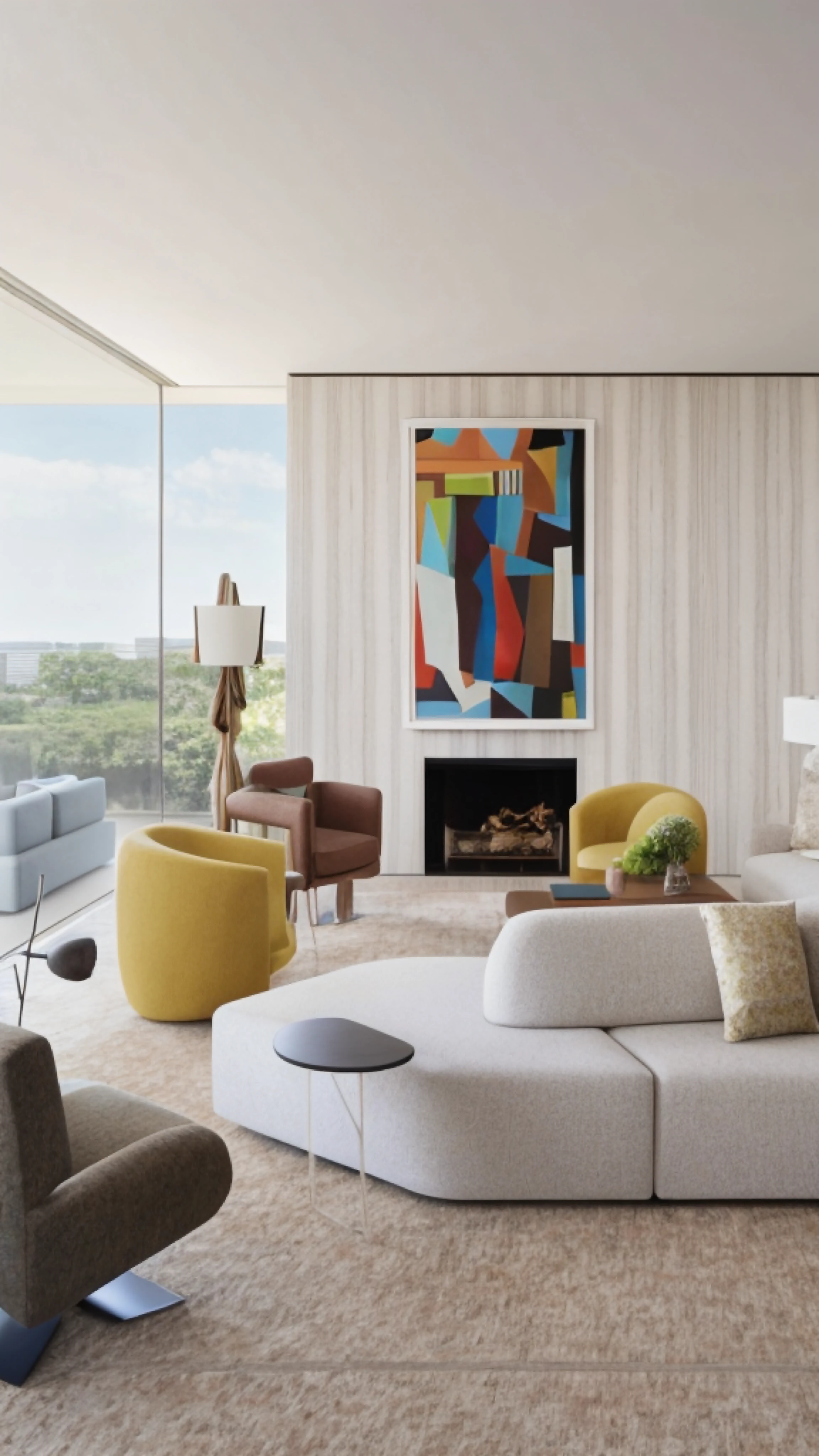 arafed living room with a couch, chair, and fireplace, interior design living room, Architectural digest living room, a 3D render inspired by Ned M. Seidler, living room interior design, cozy contemporary living room, placed in a large living room, warm colored furniture, Modern living room, Have in the living room, Architectural Digest, Modernist interior, contemporary aesthetics,8K分辨率,Simple,Bright light