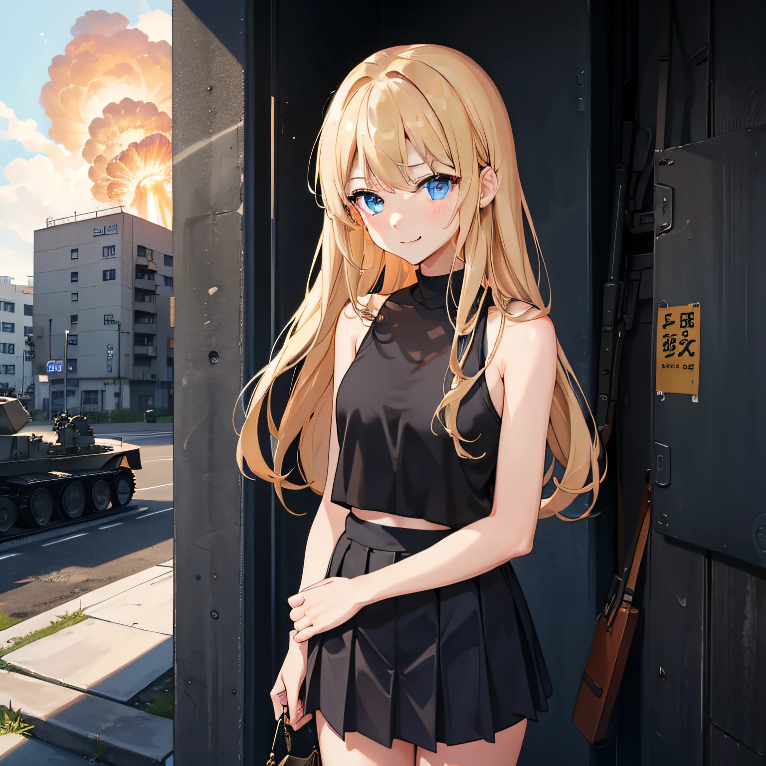 Military base exploding in flames、top-quality、​masterpiece、超A high resolution、girl with、cute little、middle school girl、semi long hair、A smile、the perfect body、beautiful countenance、Tindall Effect、Black tank top、jean skirt、by night、a blond、Blonde girl、Blue eyes、A girl is blowing up a building、Invade the base