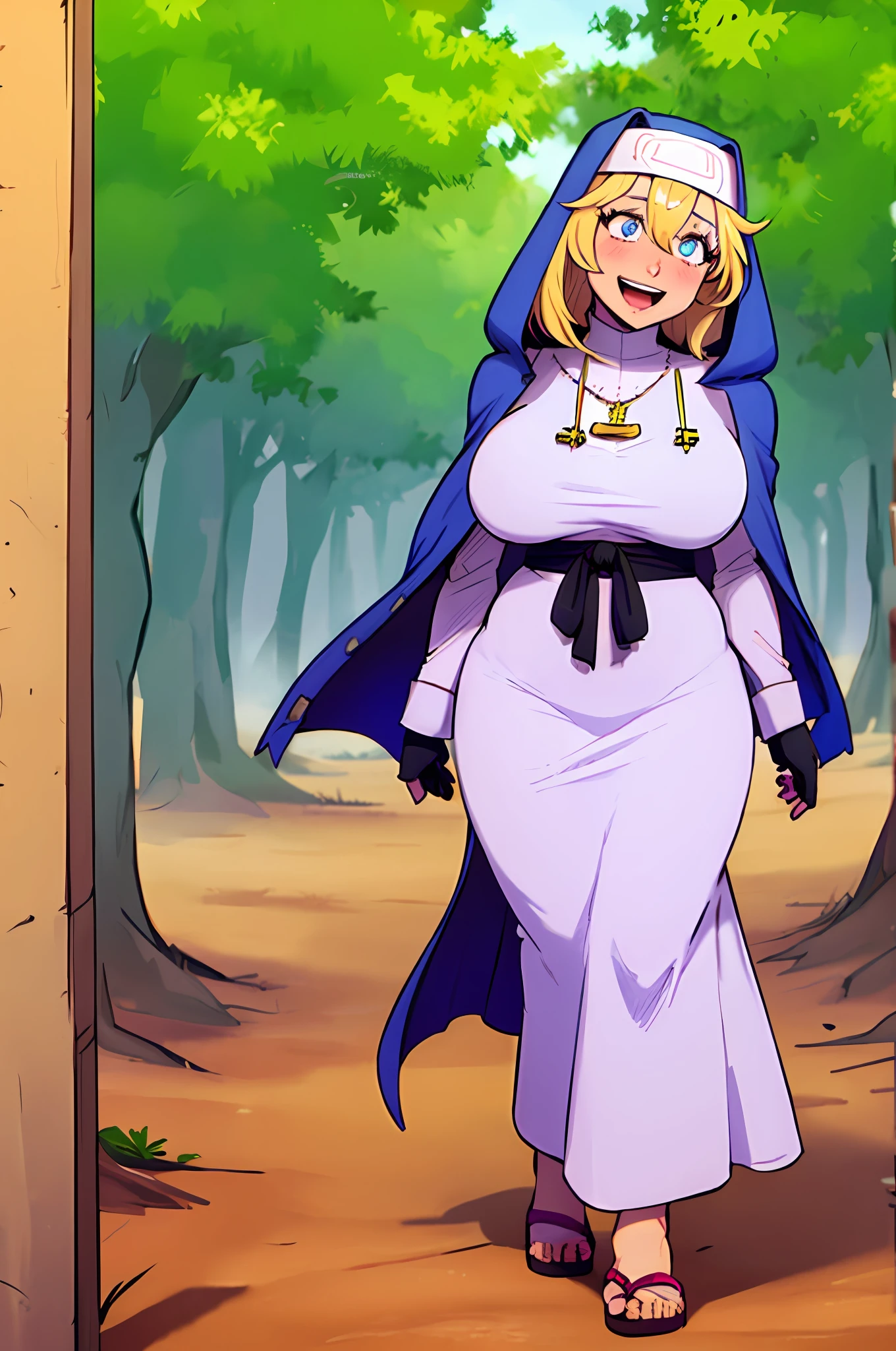 ull body,blonde hair,otoko no ko,female, focus,1girl,hood,solo,gloves,,smile,hair between eyes,blush,black gloves,skirt,open mouth,bangs,blue s,simple background,blue eyes,bridget girl,huge breast, curvy, medieval cloths, priestess, nun, full body, walking, flip flops, village, forest, long skirt, pants