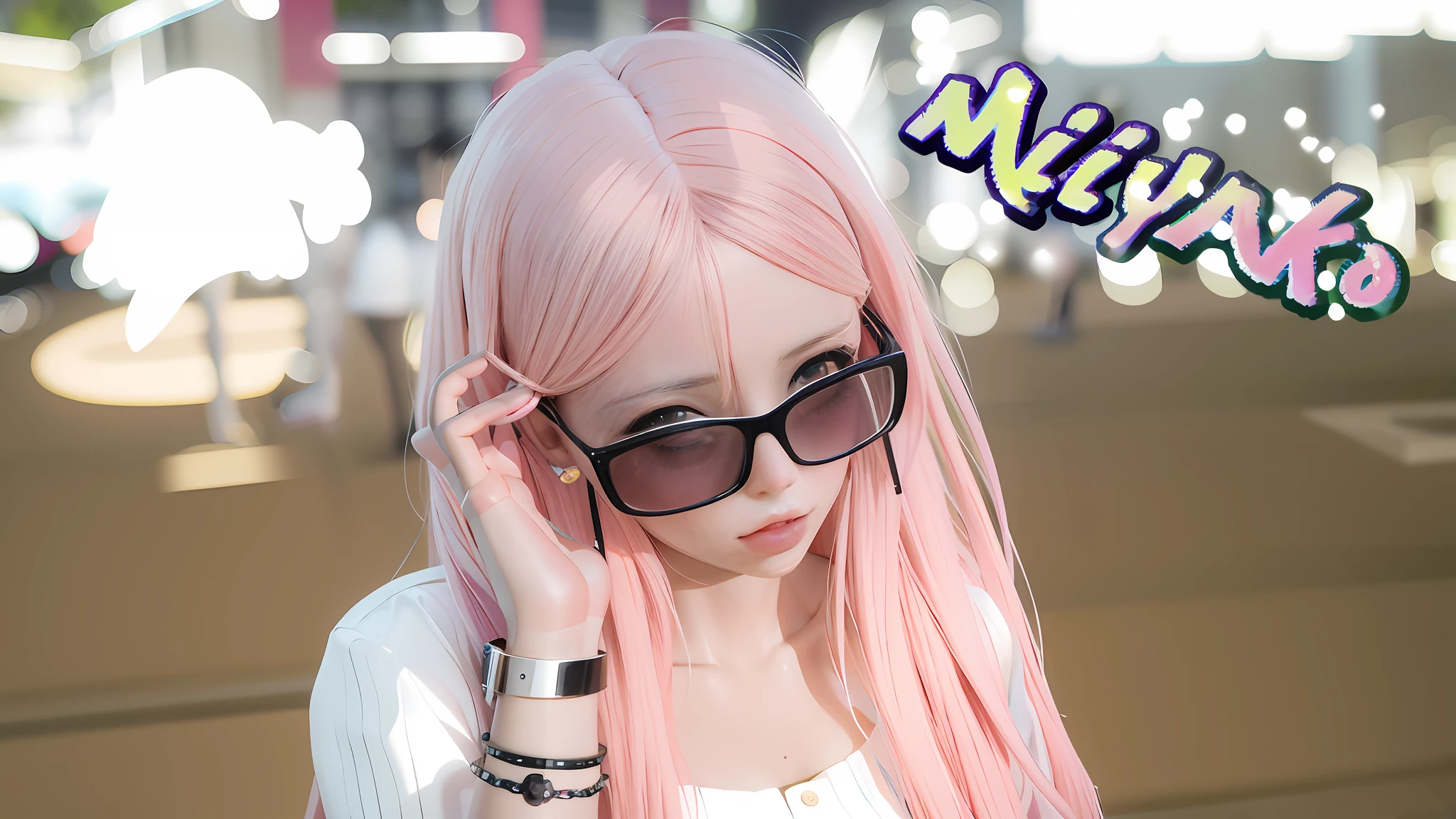 Blonde girl with pink hair and sunglasses posing for photo, belle delphine, hyper realistic anime, anime girl in real life, Skydoll Noah, pink twintail hair and cyan eyes, Anime style. 8K, realistic young anime girl, photorealistic anime, Dollfi Dream, photorealistic anime girl render, 3 d anime realistic, Anime Barbie Doll