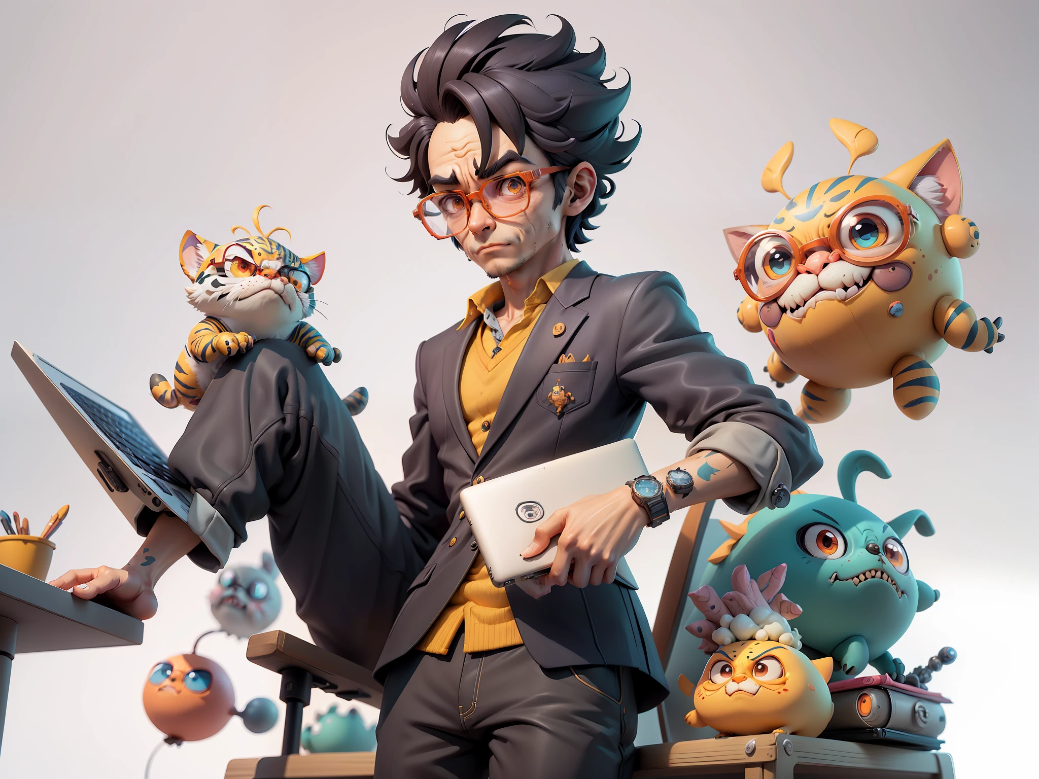 A young man in a suit and pants, Short hair and glasses sat at his desk,holding laptop,digitial painting,tigre,3D character design by Mark Clairen and Pixar and Hayao Miyazaki and Akira Toriyama,4K HD illustration,Very detailed facial features and cartoon-style visuals。
