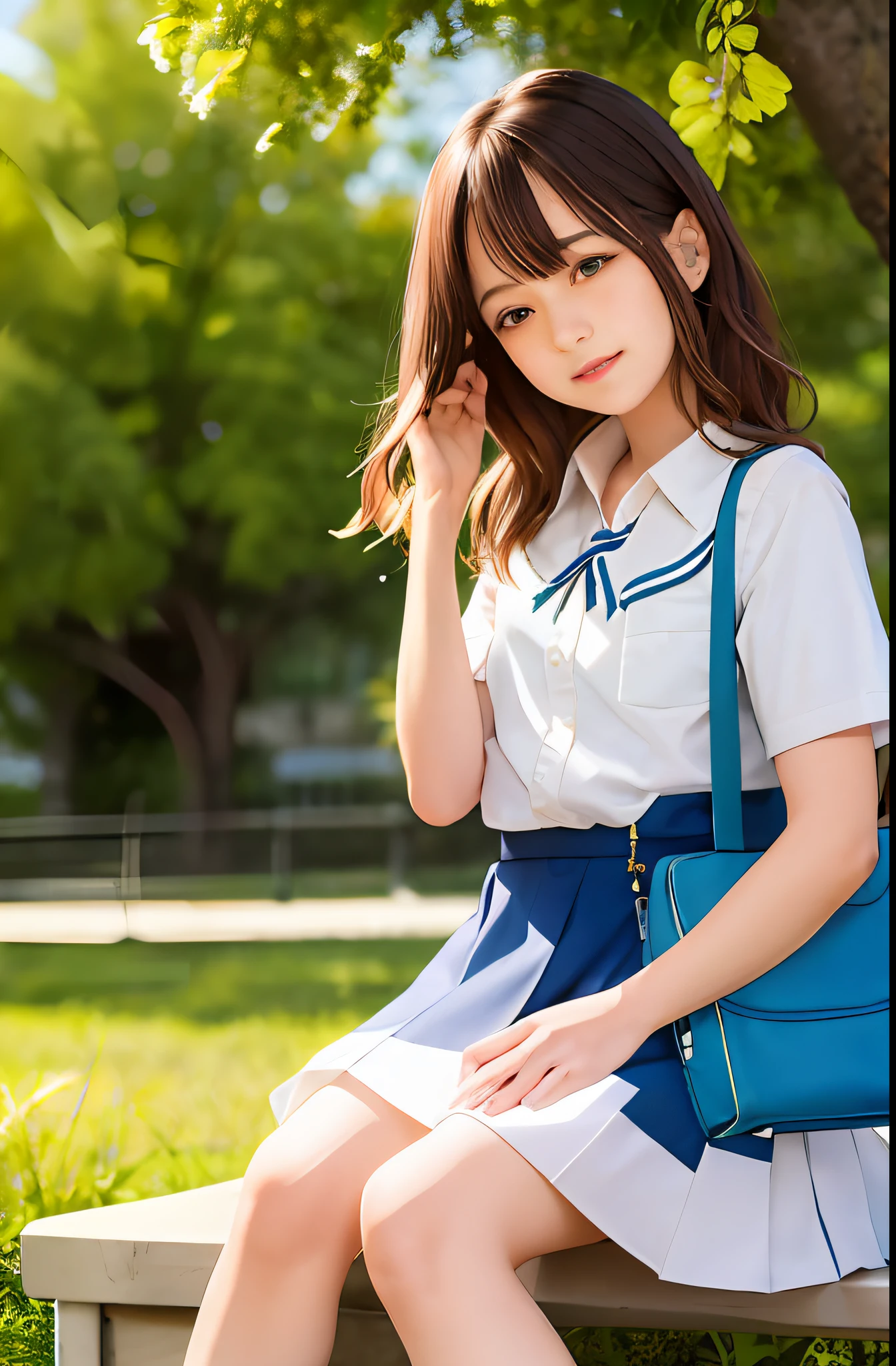 There was a girl sitting in the park，Gaze out over the sparkling lake, A gentle breeze ruffles the hair，She caressed her hair with her hand，Photorealistic anime, wearing a Japanese school uniform，Carrying a cute school bag, Anime. Soft lighting, Anime girl in real life, Japan School Uniform，whiteskirt，Siamese white silk，A gentle breeze ruffles the hair，ssmile，The small mouth opens slightly