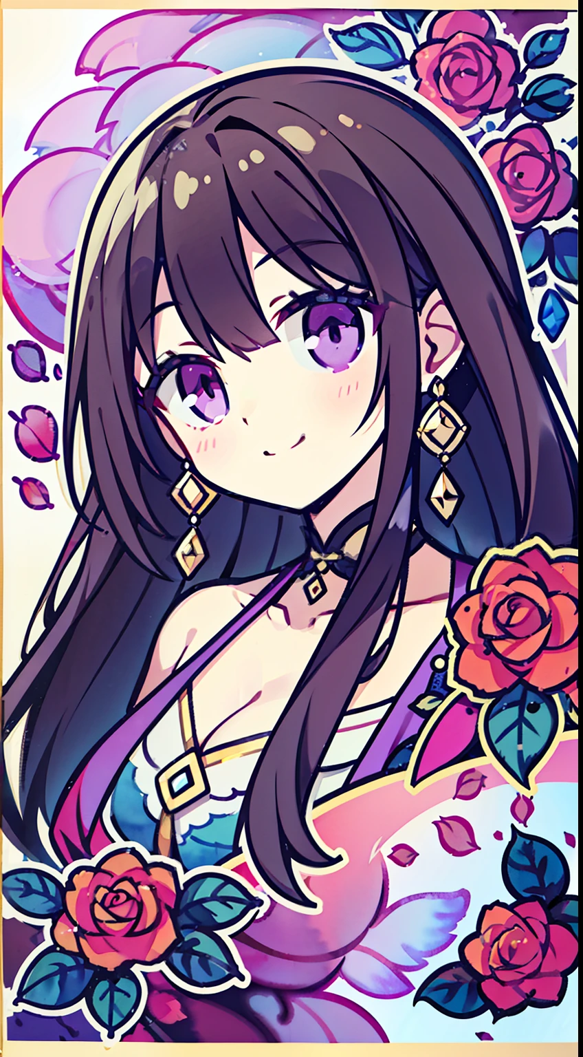 (aquarelle:1.3), (aquarelle), inky, a beauty girl, 独奏, Multicolor rose flowers, portraitures, fronds, bangss, A dark-haired, The long-haired, Purple eyes, Flower Earrings, (Smiling), Full body portrait, 4K resolution, hight resolution, 超A high resolution, Epic shooting, detaileds, acurate, detaileds, (masterpiece)