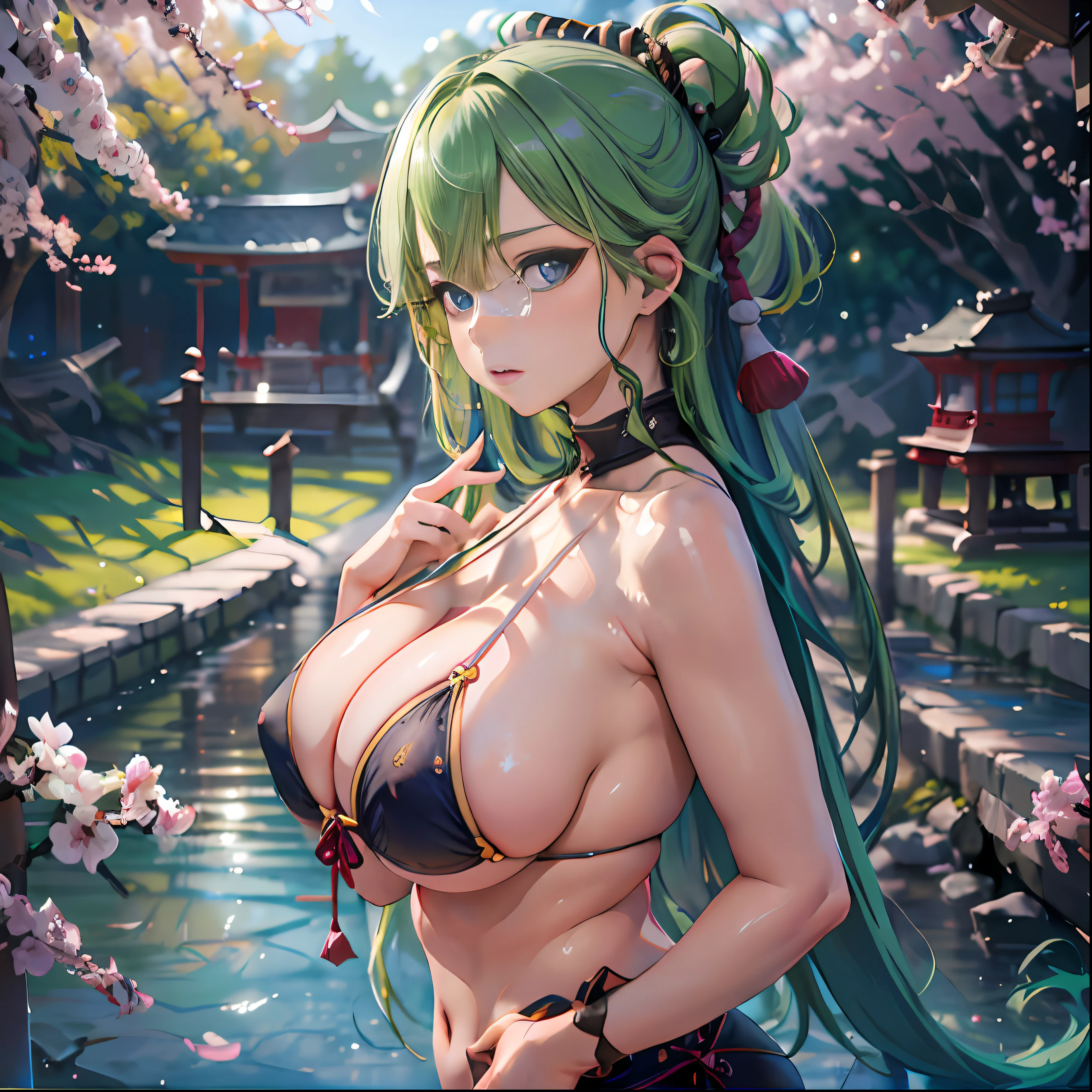 (NSTDA.:1.2), (10, beste-Qualit, master-piece: 1.4), ultra-high resolution, (lifelike, photorealistic portrait: 1.48), 20 age, Cute Girl, (See through the microcolor bikini beetle:1.11), Famous Japanese actors, gigantic breasts, Blue Eyes, Head tilt, cowboy shot, from the side, looking at the audience, expressionless, Beautiful lake, Zeiss 150mm F/ 2.8 Hasselblad, In Japanese shrines, Whole body, foot, Ultra-Wide Angle