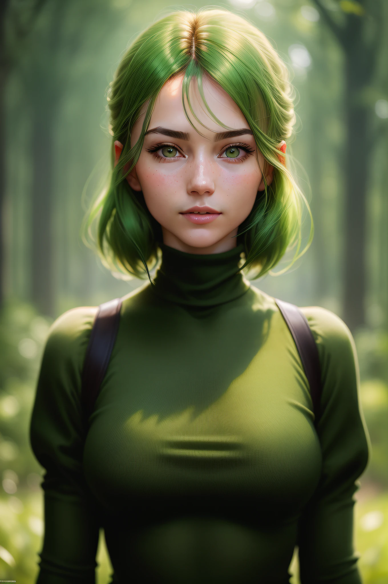 A stunning intricate full color portrait of a woman,wearing a green turtleneck, happy, epic character composition,by ilya kuvshinov,
alessio albi, nina masic,sharp focus, natural lighting, subsurface scattering, f2, 35mm, film grain, portait, closeup, very detailed skin texture,
(((blury background)))