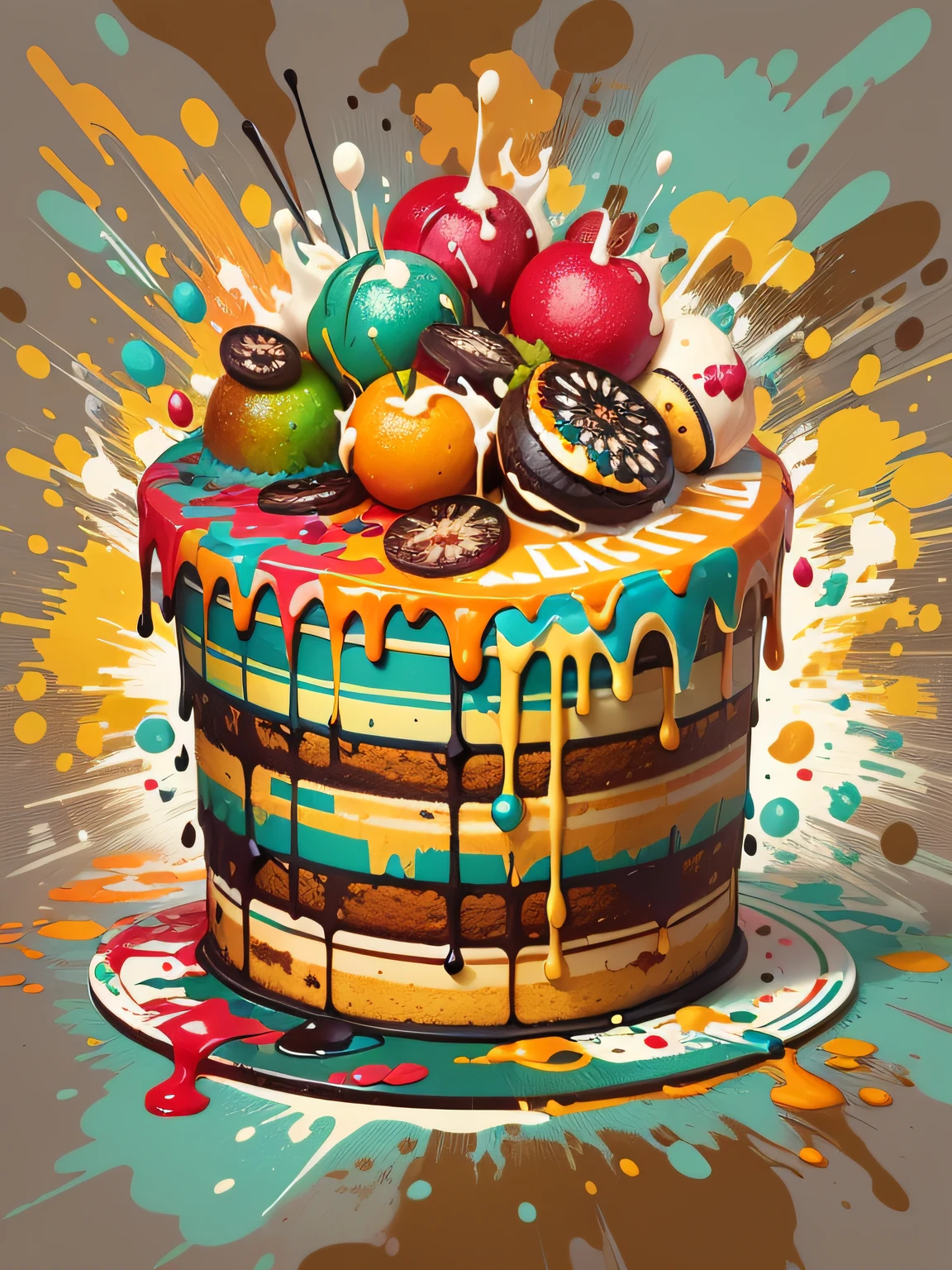 vector art, Colorful illustration with graffiti delicious mouthwatering cake, in the center, Bright colors, paint splashes and blots, high detail, whitebackground