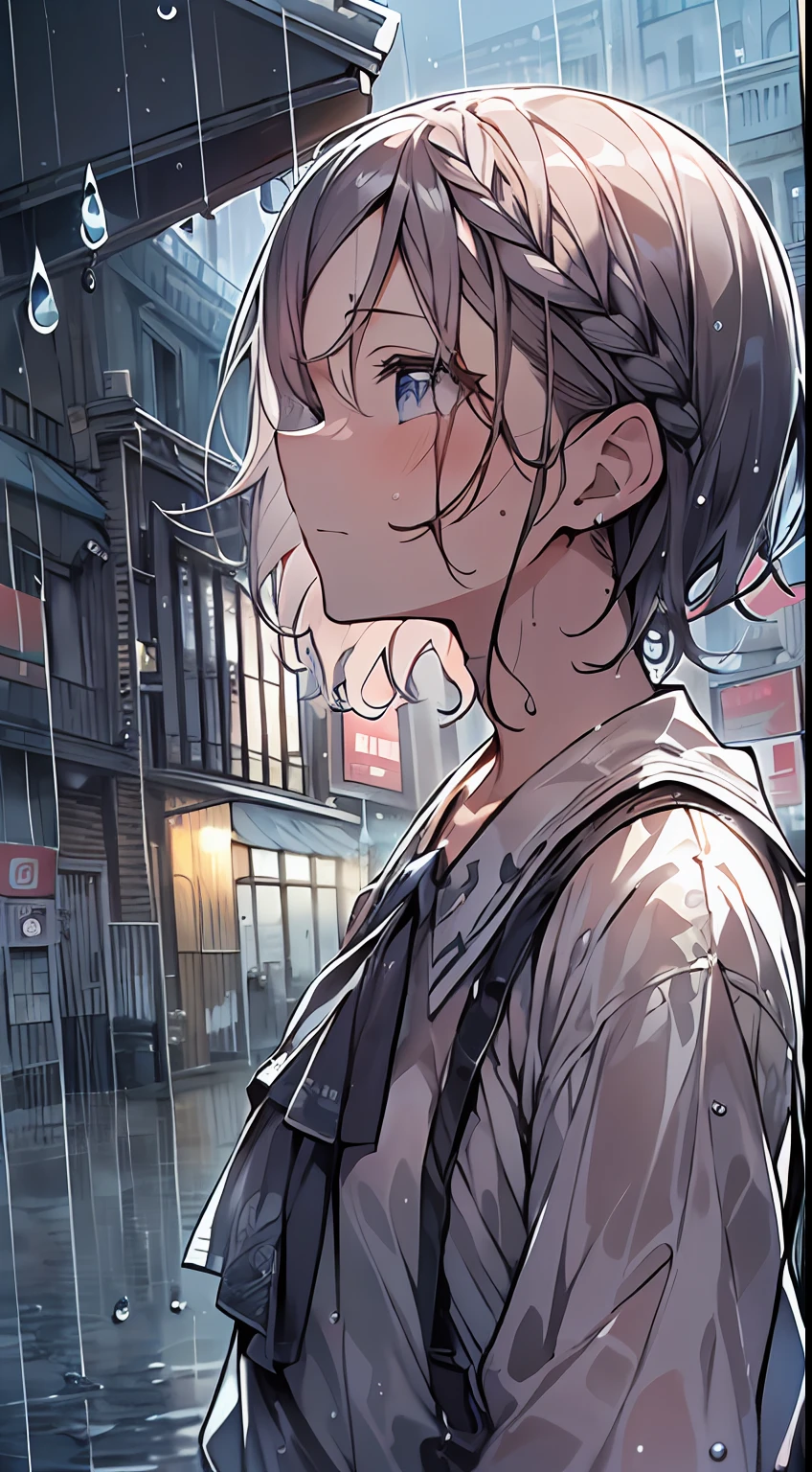 masutepiece, Best Quality,Illustration, Wallpaper, Ultra Detail, absurderes, 1girl in, Solo, (Medium short hair、short braided hair), Beautiful detailed eyes, rainfall、water dripping、wetting hair , Looking to the side, (Street:1.5), Cloudy sky、Bright scenery