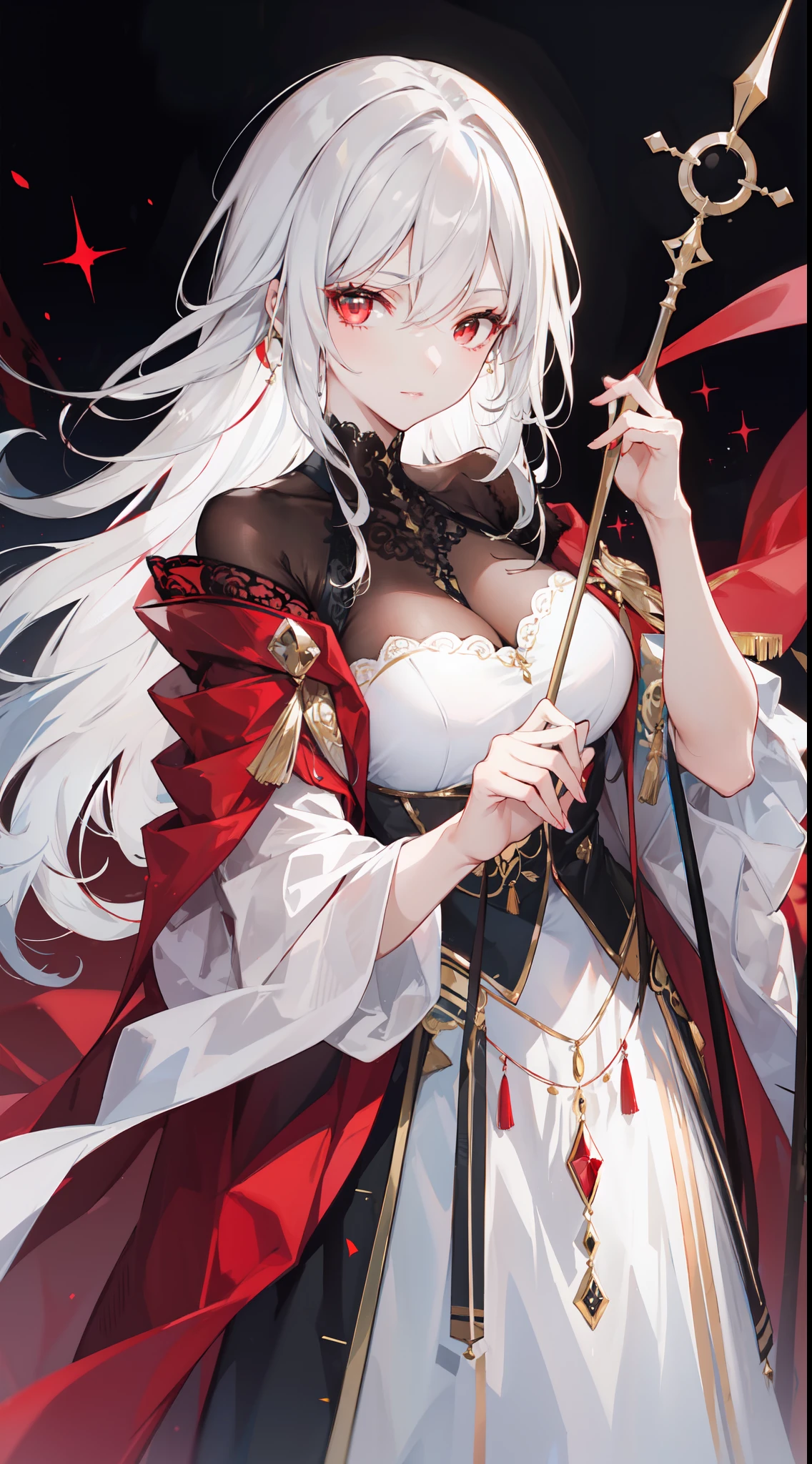 "An elegant mature woman with long tied white hair, sharp glowing red eyes, wears white cloak in the dessert and holding a white staff."