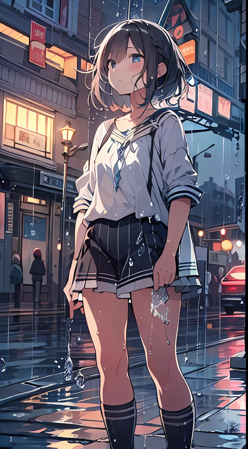 masutepiece, Best Quality,Illustration, Wallpaper, Ultra Detail, absurderes, 1girl in, Solo, (Medium short hair、short braided hair), Beautiful detailed eyes, rainfall、water dripping、wetting hair , Looking to the side, (Street:1.5), Cloudy sky、Bright scenery