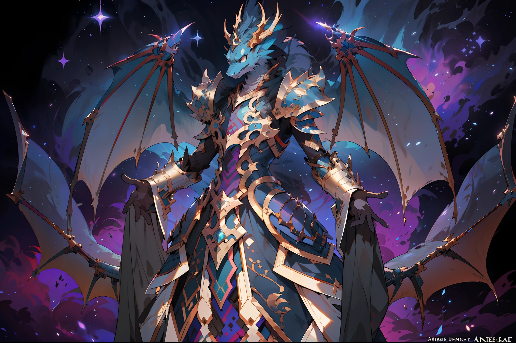 a close up of a person with a dragon like costume, shadowverse style, beautiful celestial mage, dragon knight, an epic majestical degen trader, draconic looking armor, epic fantasy art style hd, aurelion sol, detailed fantasy art, colossal dragon as background, dragon armor, clothed in ethereal battle armor, clothed in ethereal armor