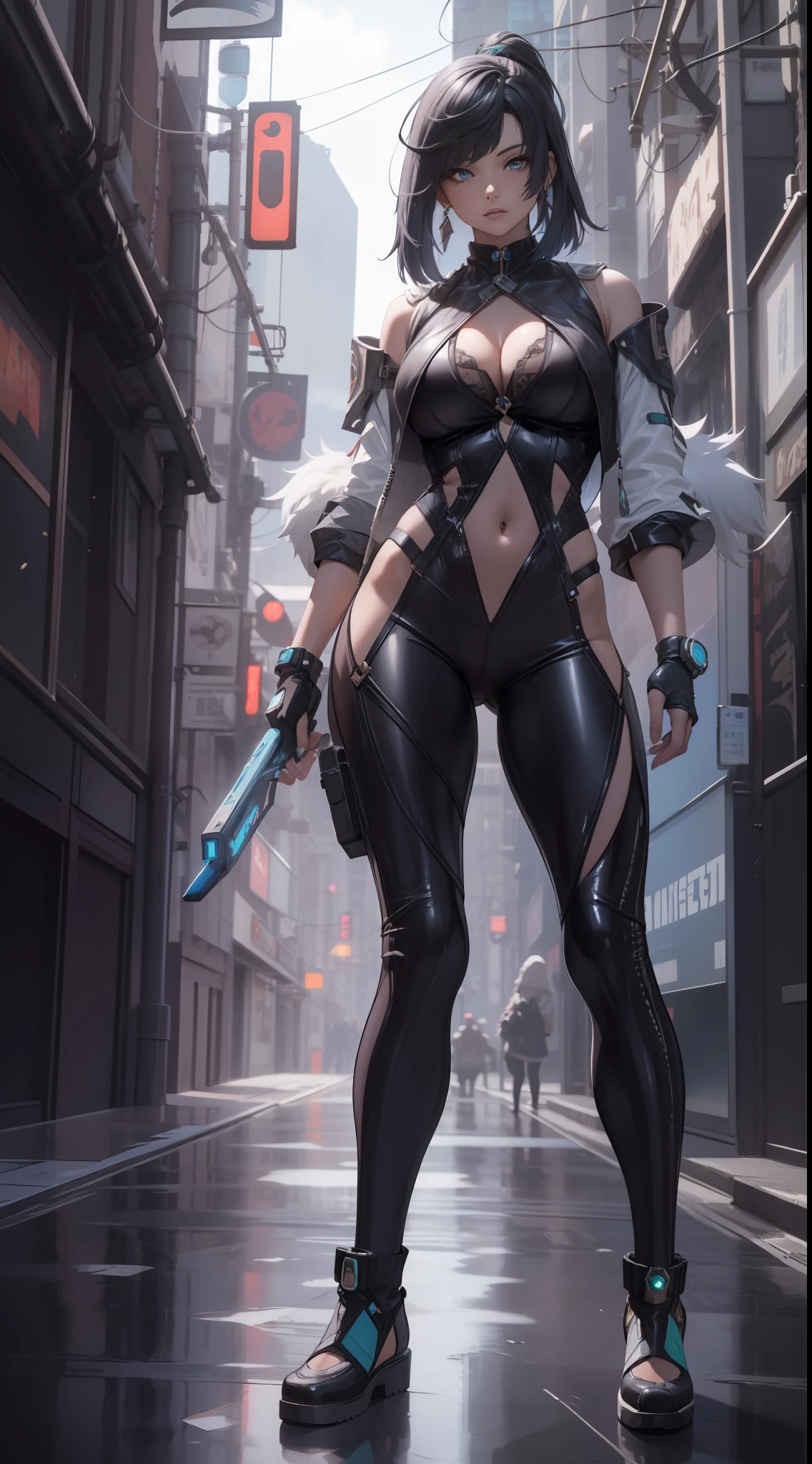 Futuristic, cyberpunk, Best quality, masterpiece, 16K, HDR, RTX, unreal engine 5, octane render, realistic, highly detailed, Beautiful, cool, edgy, model, tall girl in transparent plastic jacket, black pants, midriff, sexy, stylish, rich, elegant, cleavage, long pony tail, bangs, jewelry.