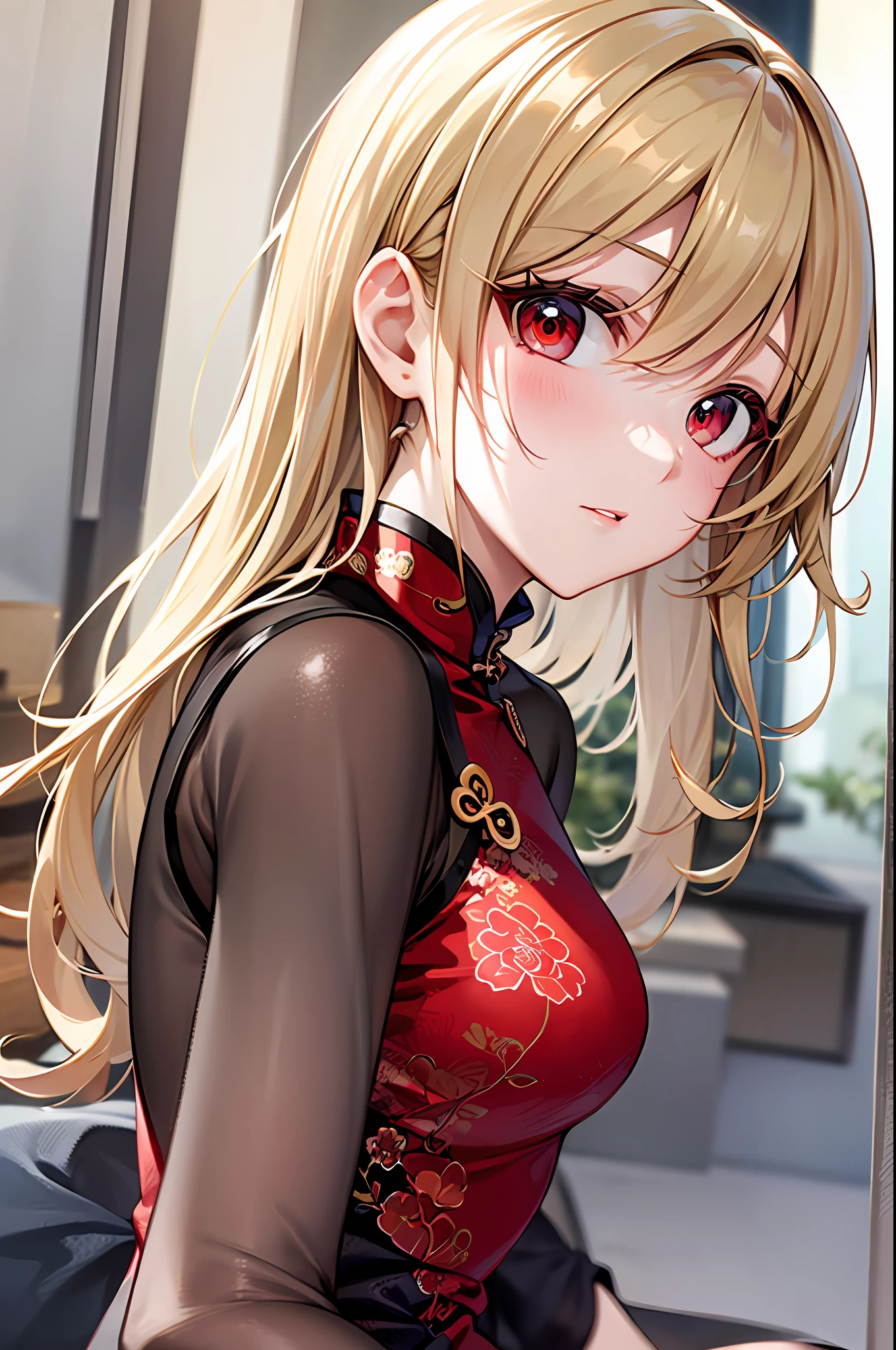 One blonde girl、red eyes、qipao dress